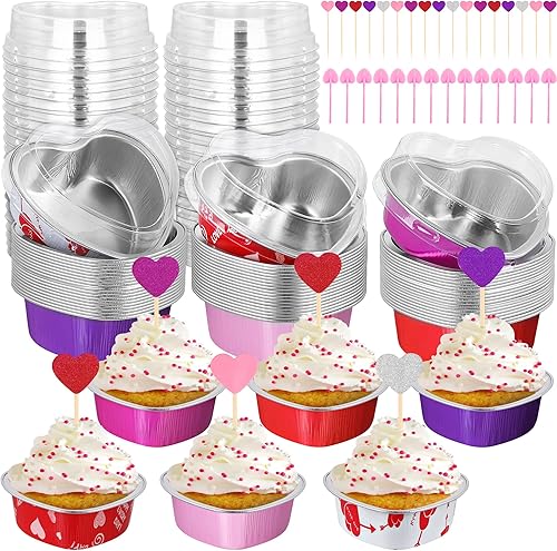 Fovths Sartén para tartas de aluminio para el día de San Valentín con tapas sartenes desechables en forma de corazón con cucharas de corazón y