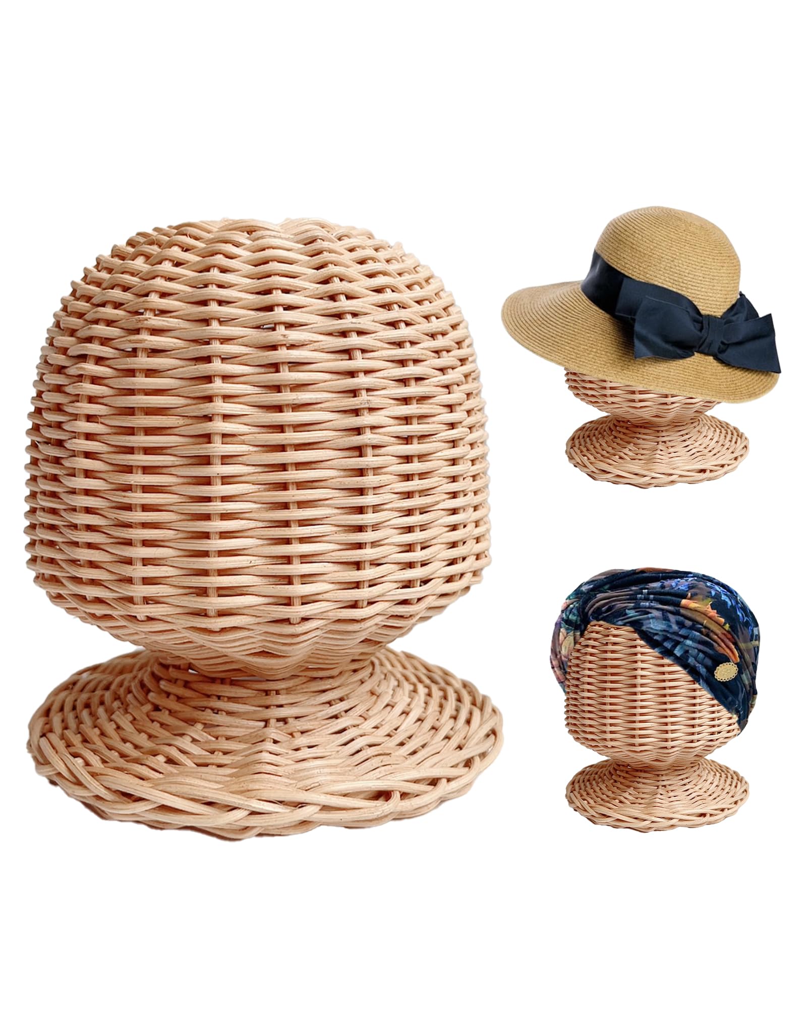 TINGSING Rattan Mannequin Head Stand Hat Wig Display Holder Hair Stylist Demo Cap Rack, Handmade Wicker Showcase