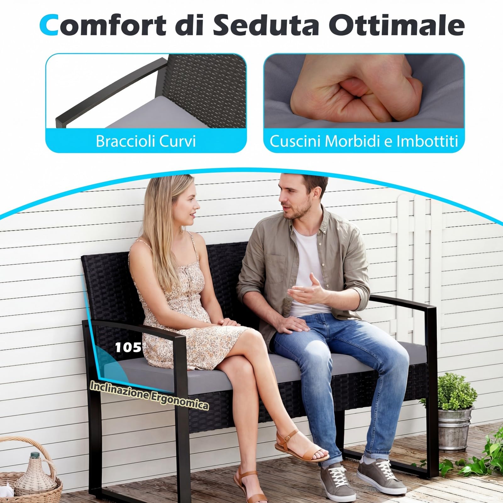 COSTWAY Set Salotto da Giardino a 4 Pezzi, Divanetto in Rattan con 2 Poltrone Ergonomiche e Tavolino con Piano in Vetro Temperato, Set Mobili da Esterno con Cuscini per Balcone e Patio (Grigio)