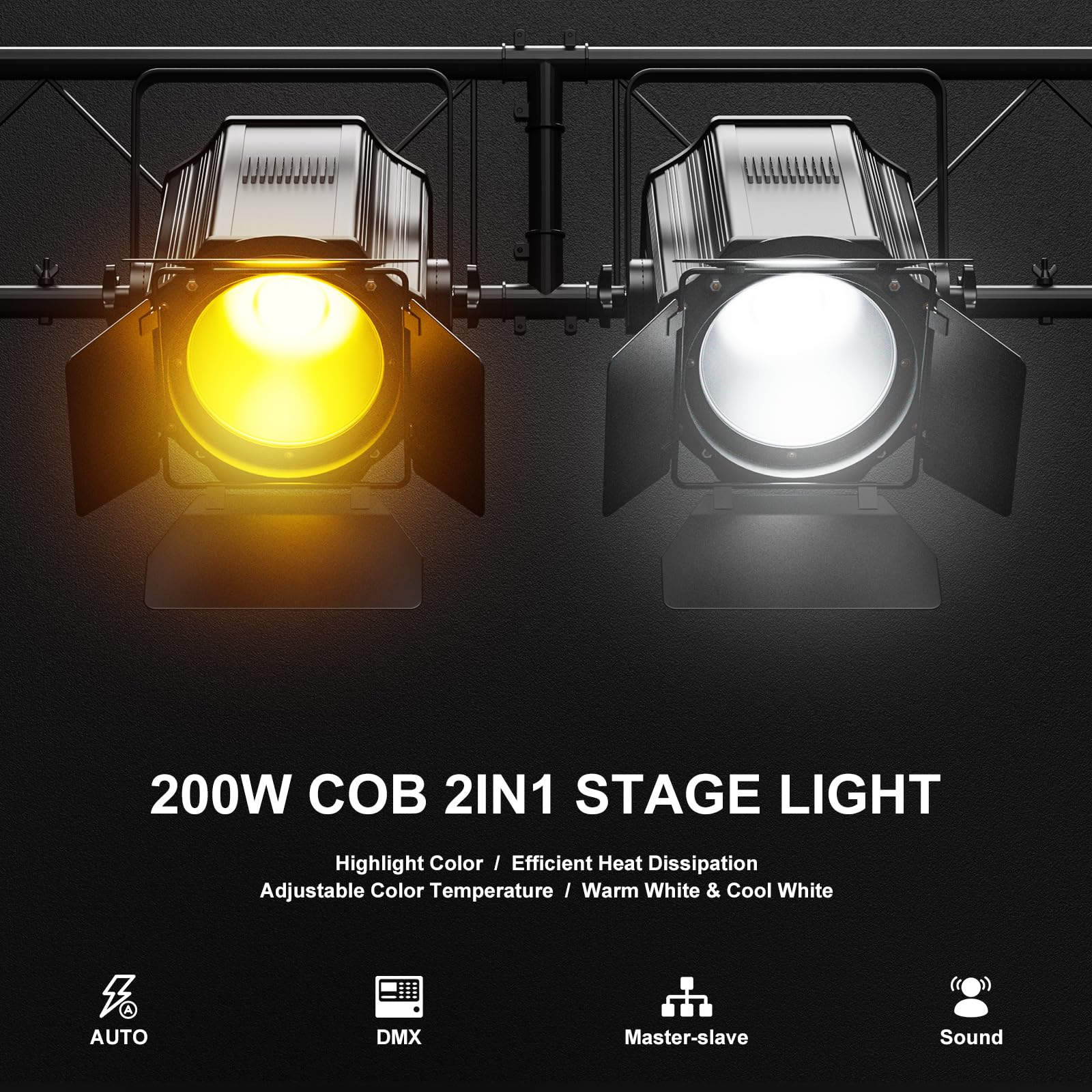 Luci da palcoscenico con porte da fienile, 200 W COB LED Par Can Faretti, 2 in 1 bianco freddo e bianco caldo DMX512 Attivato dal suono Uplights per eventi, feste, matrimoni, teatro, chiesa, concerto