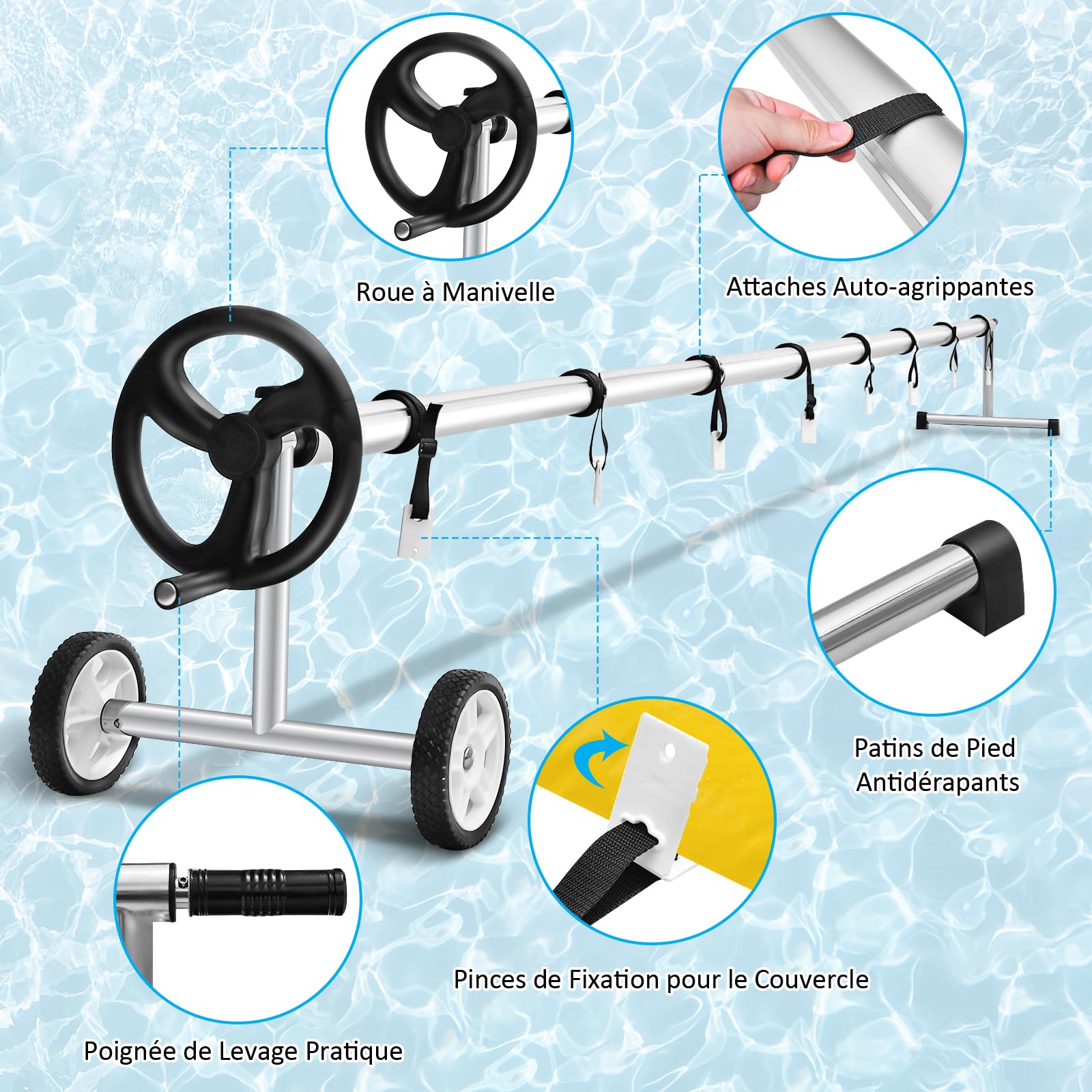 GOPLUS Enrollador Piscina para Liner de Piscina 1,65-7,7 m, Enrollador Lona Piscina de Aluminio y Soporte de Acero Inoxidable