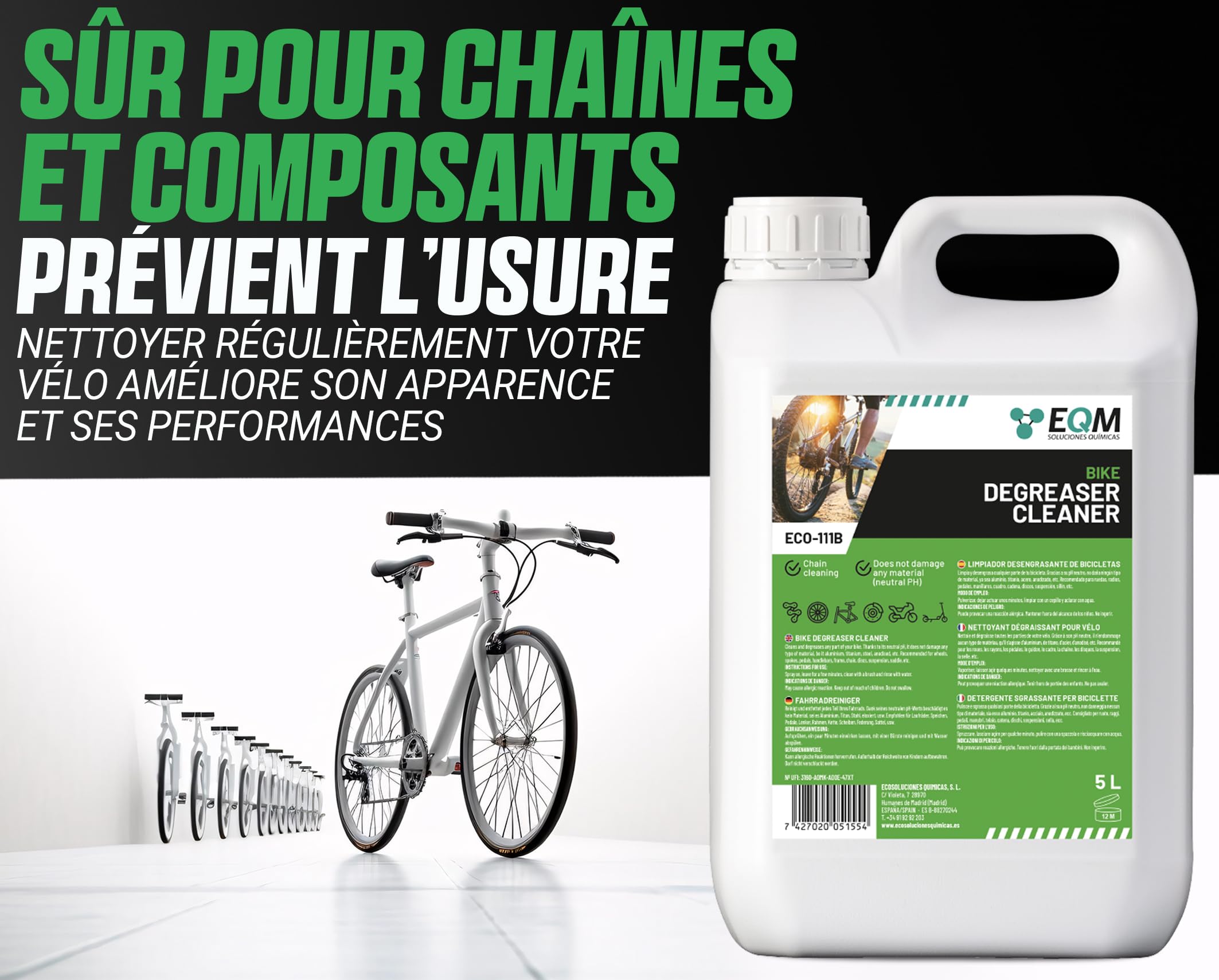 EQM - ECO-111B - Dégraissant pour Vélo - 5L - pH Neutre, Protège Toutes les Pièces - Dégraissant pour Chaînes