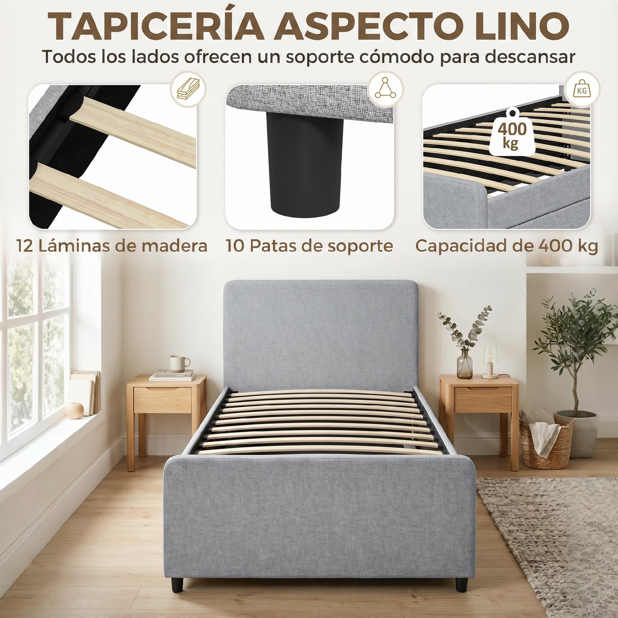 HOMCOM Cama Nido Individual 90x190 cm con Cabecero y Piecero Gris Claro | Estructura de Cama Tapizada en Lino, Listones de Madera, Sin Colchón