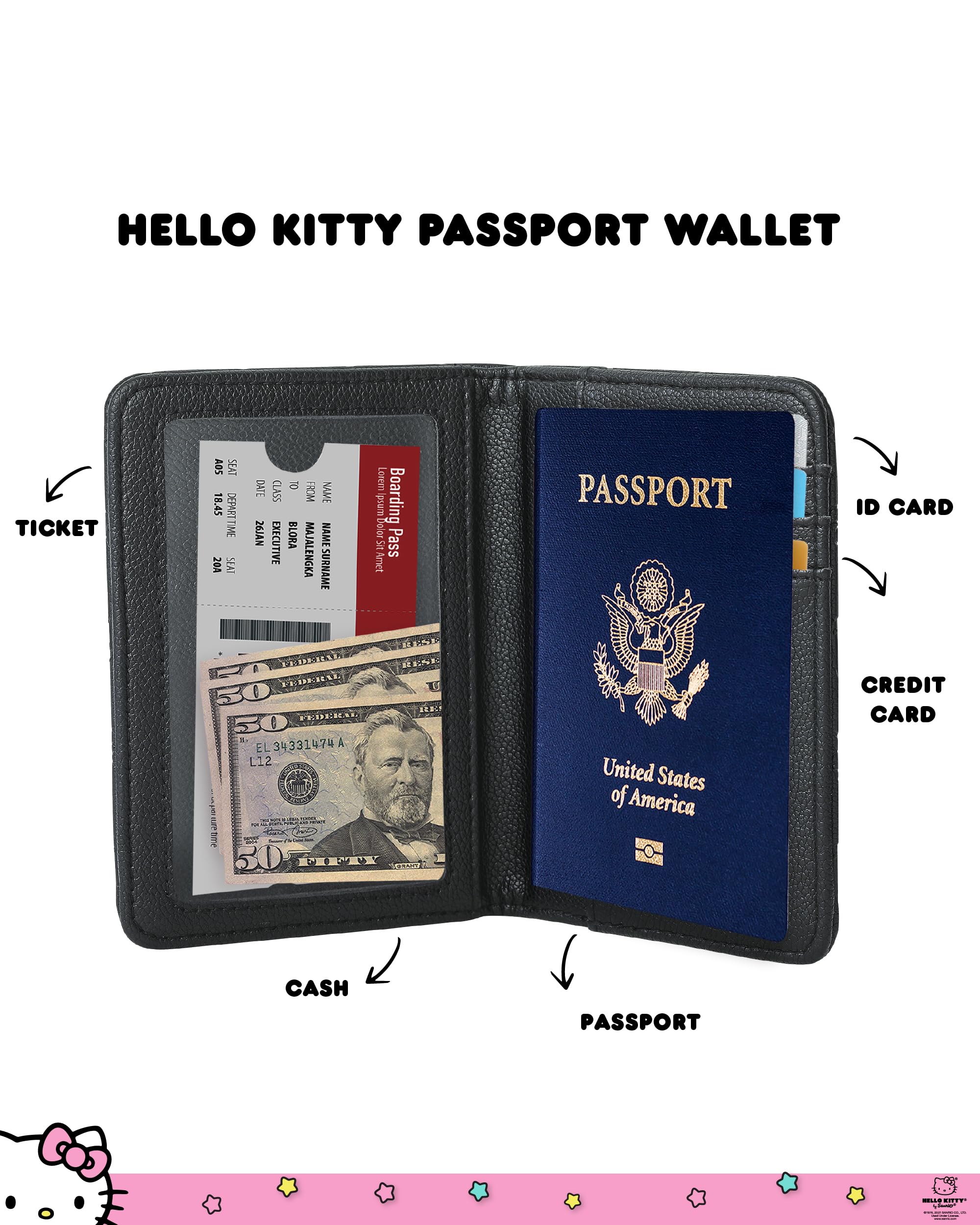 Hello Kitty Passport Holder for Travel Official License, Black Passport Cover for Women, Sanrio Gifts