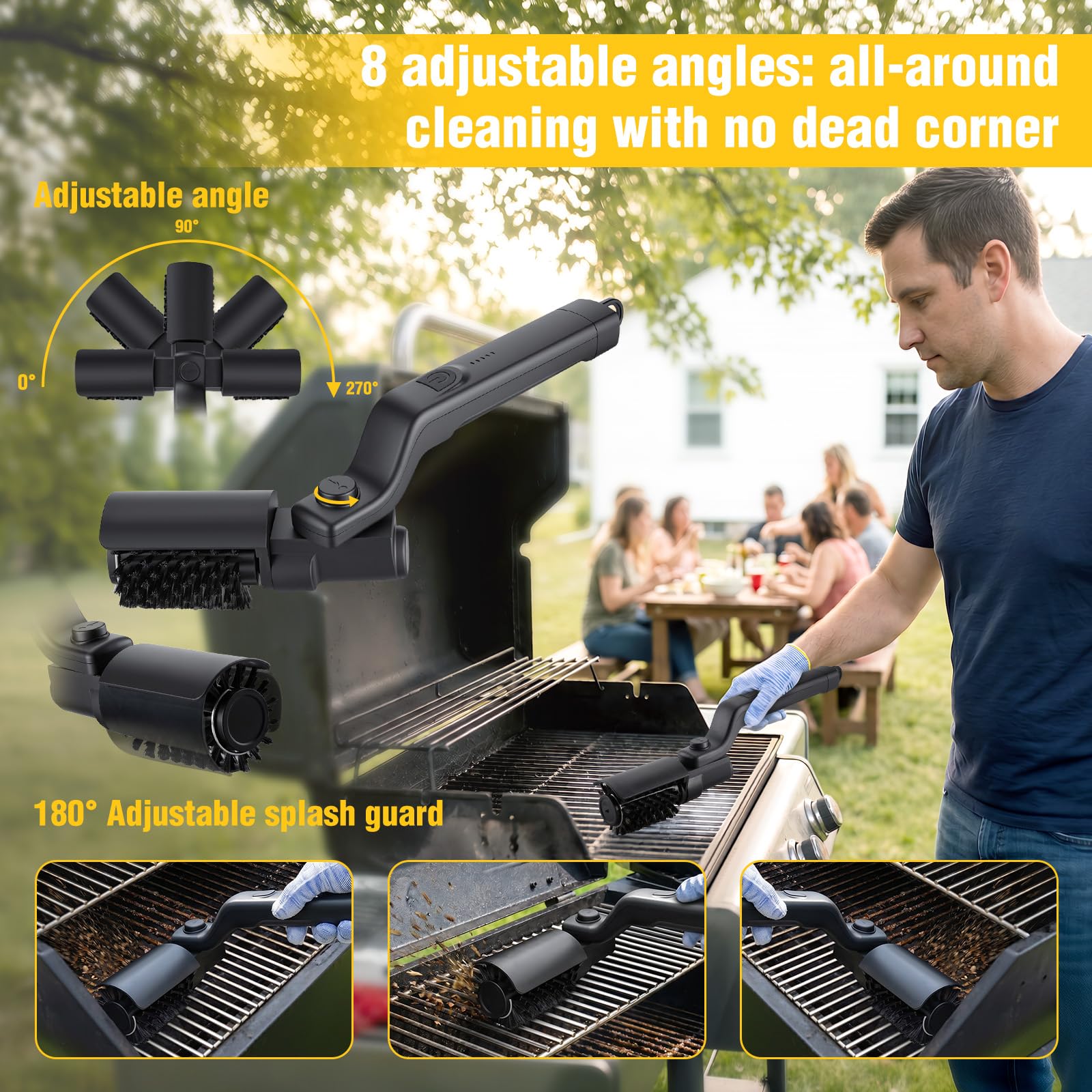 Cepillo Eléctrico para Barbacoa y Limpiador de Parrilla Eléctrica 400RPM, Inalámbrico con 3 Velocidades, Mango Ajustable 180°, Cepillo Eléctrico Limpieza Hogar con 2 Cabezales para Barbacoa Carbón
