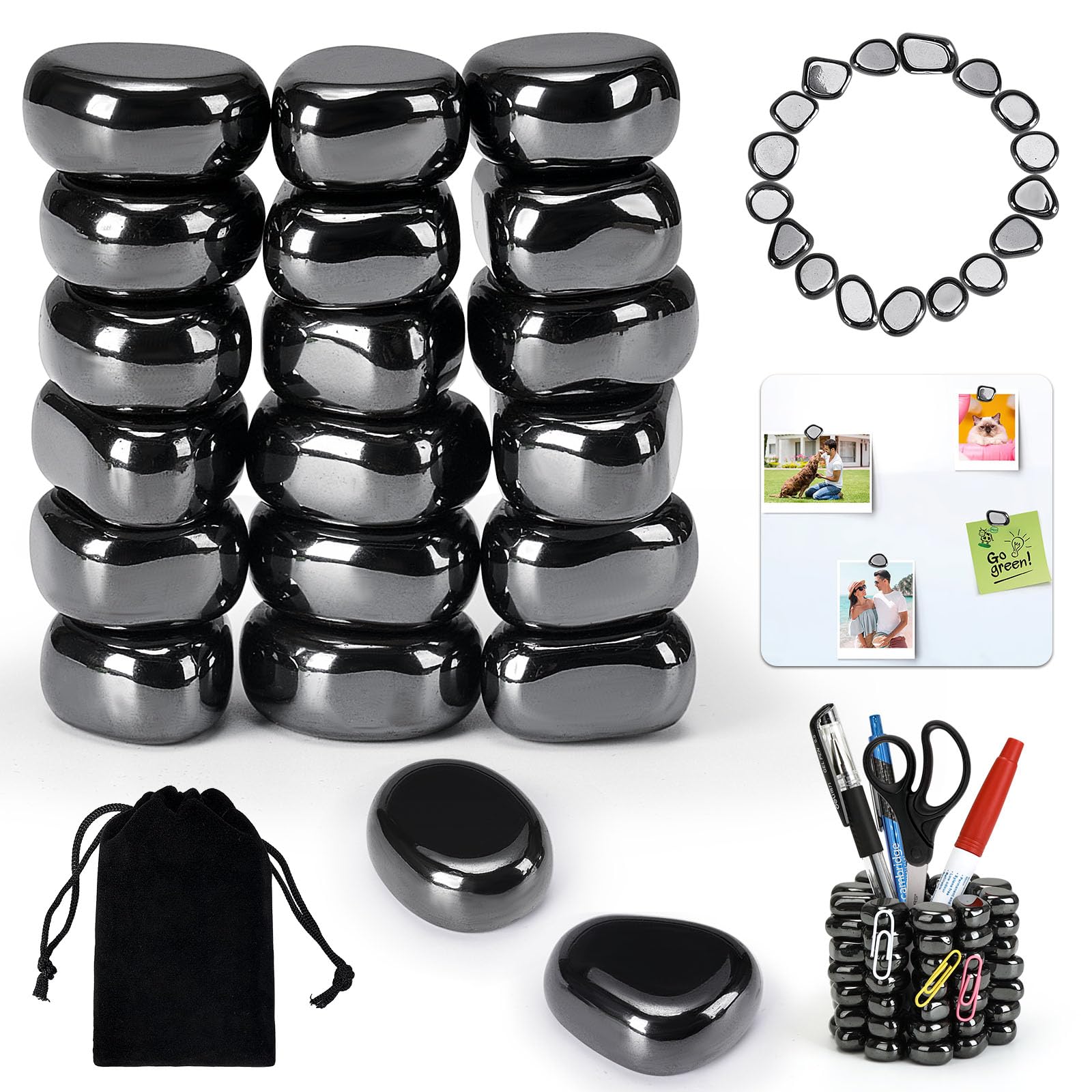 20 Pezzi Pietre Magnetiche di Ematite, Irregolari Magneti con Borsa Portaoggetti per Relax, Decorazione e Anti-Stress, Magneti per Frigorifero, Ufficio e Casa (Nero)