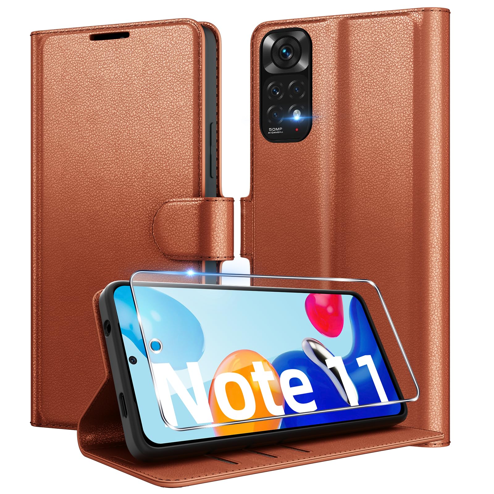 Eirltiy Cover per Xiaomi Redmi Note 11 / Note 11S 4G Portafoglio Pelle PU Premium, Custodia Scomparti Carte Antiurto Protettiva Case con 1 Vetro Temperato, Marrone