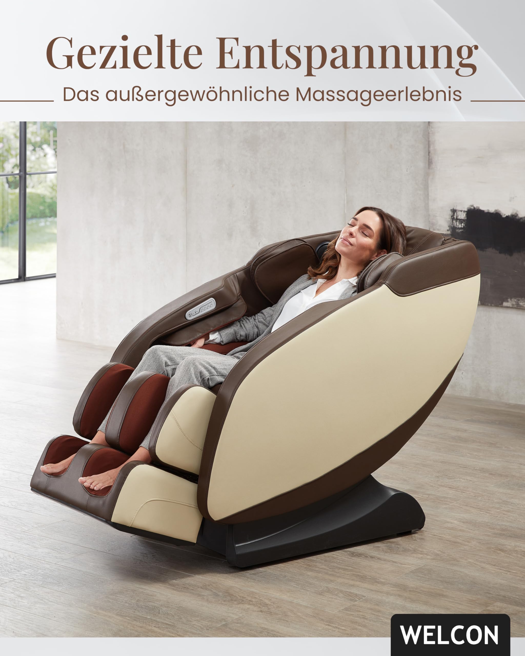 WELCON Prestige II 3D Massagesessel Zero Gravity Wärme Beige-Braun | Sessel mit Wärmefunktion, Fußmassage, Luftdruckmassage & Bluetooth für Zuhause