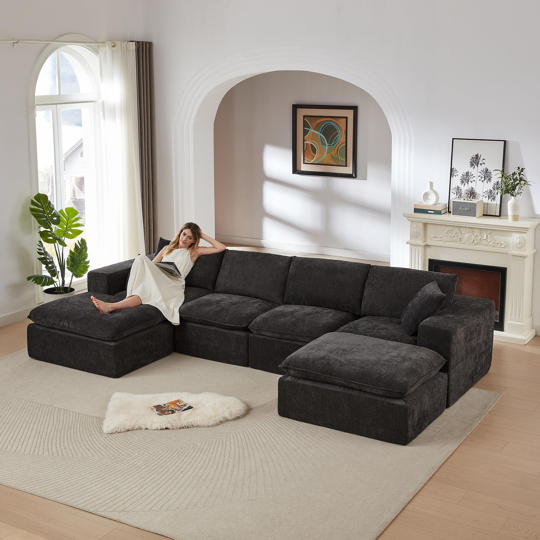 Luxury Modular Sectional Sofa with 2 Ottomans, 6-Piece Oversized Cloud Couch, Black Chenille Fabric Boneless Sofa for Living Room & Bedroom