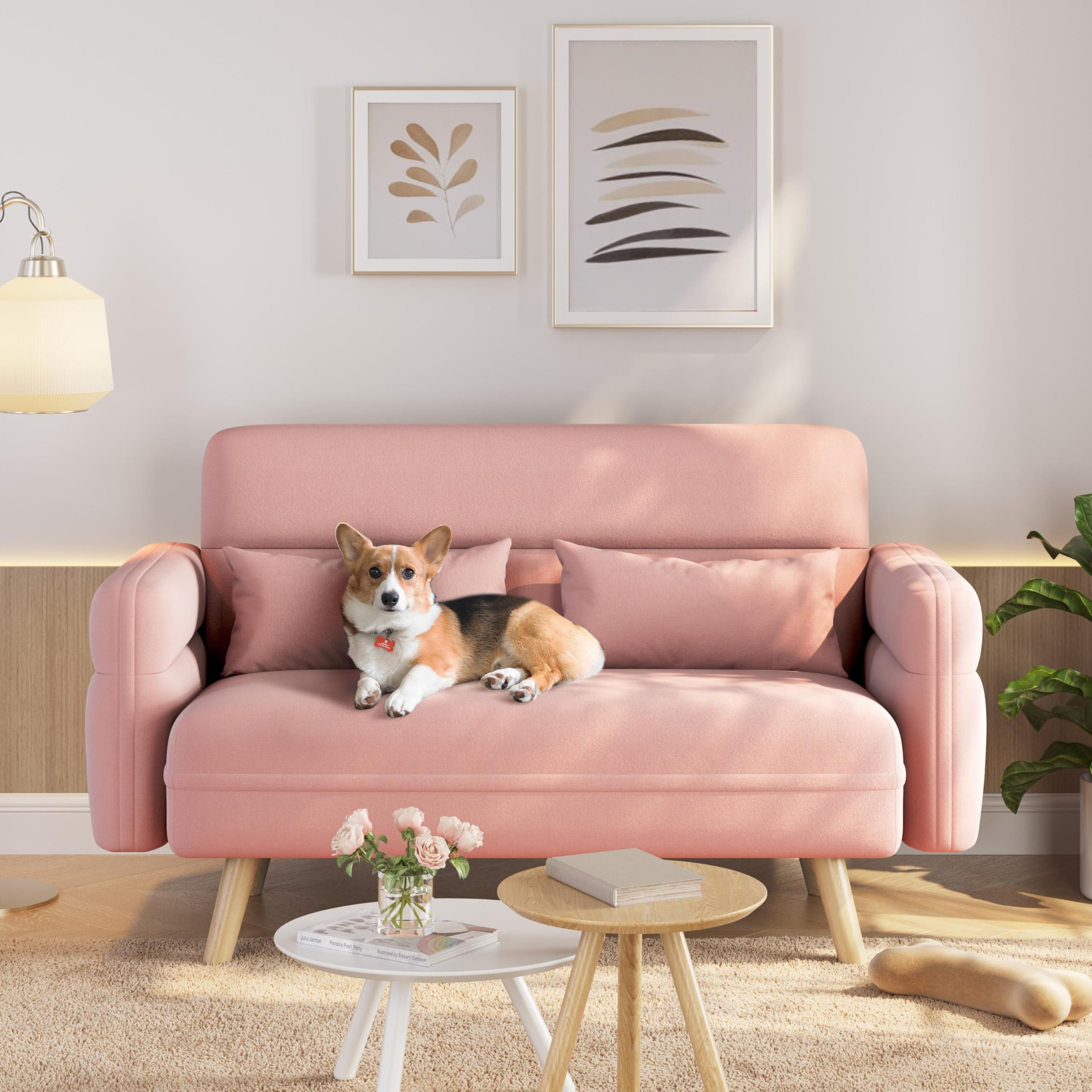 Yaheetech Small Modern Fabric Loveseat Small Sofa Upholstered Couch 116cm Futon Settee Lounge with Tapered Legs for Dorm/Office/Bedroom/Living Room Furniture Pink