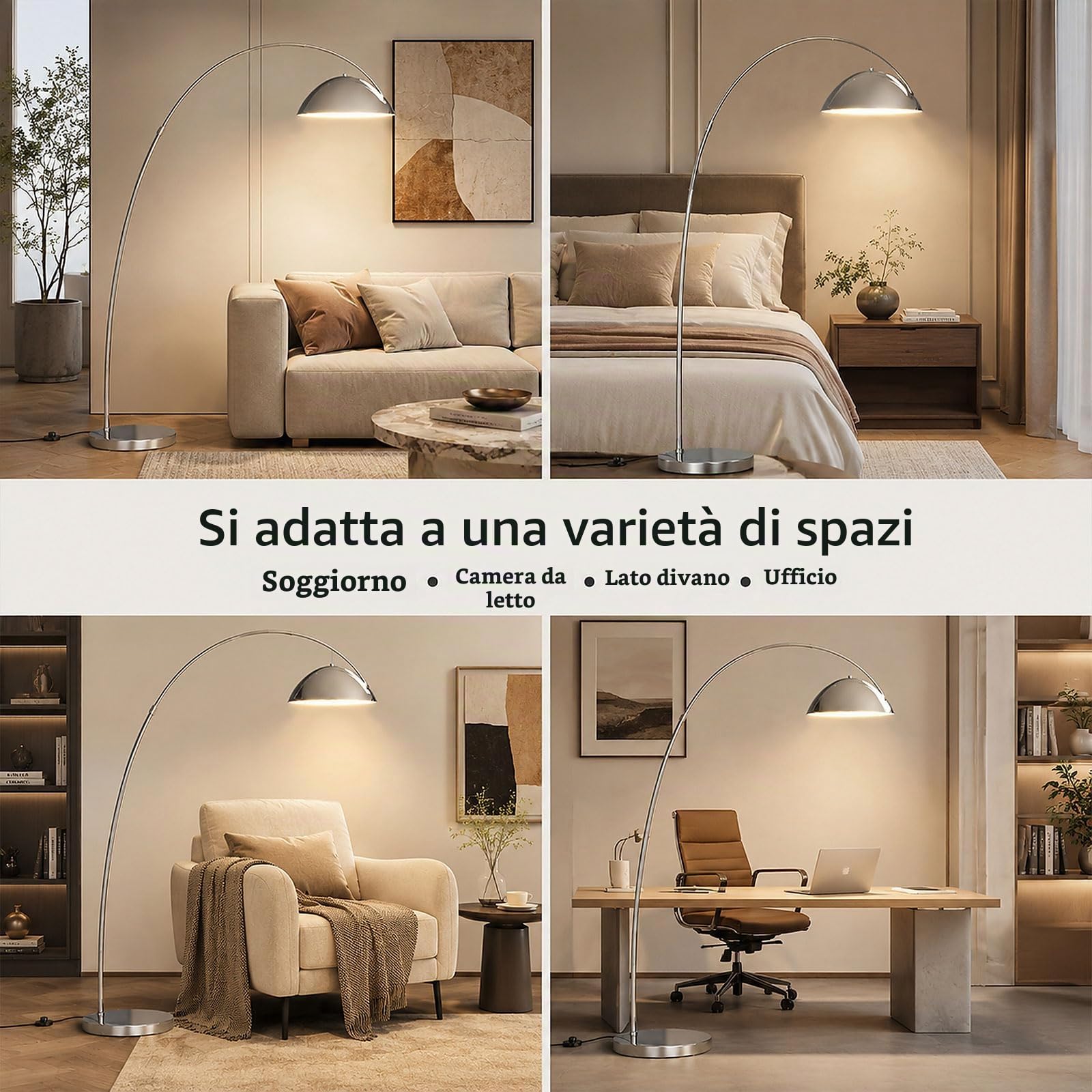 Lampada da terra ad arco per soggiorno, lampada da terra regolabile in altezza, lampada da terra in metallo nero lucidato, lampada da lettura alta e moderna con base in marmo