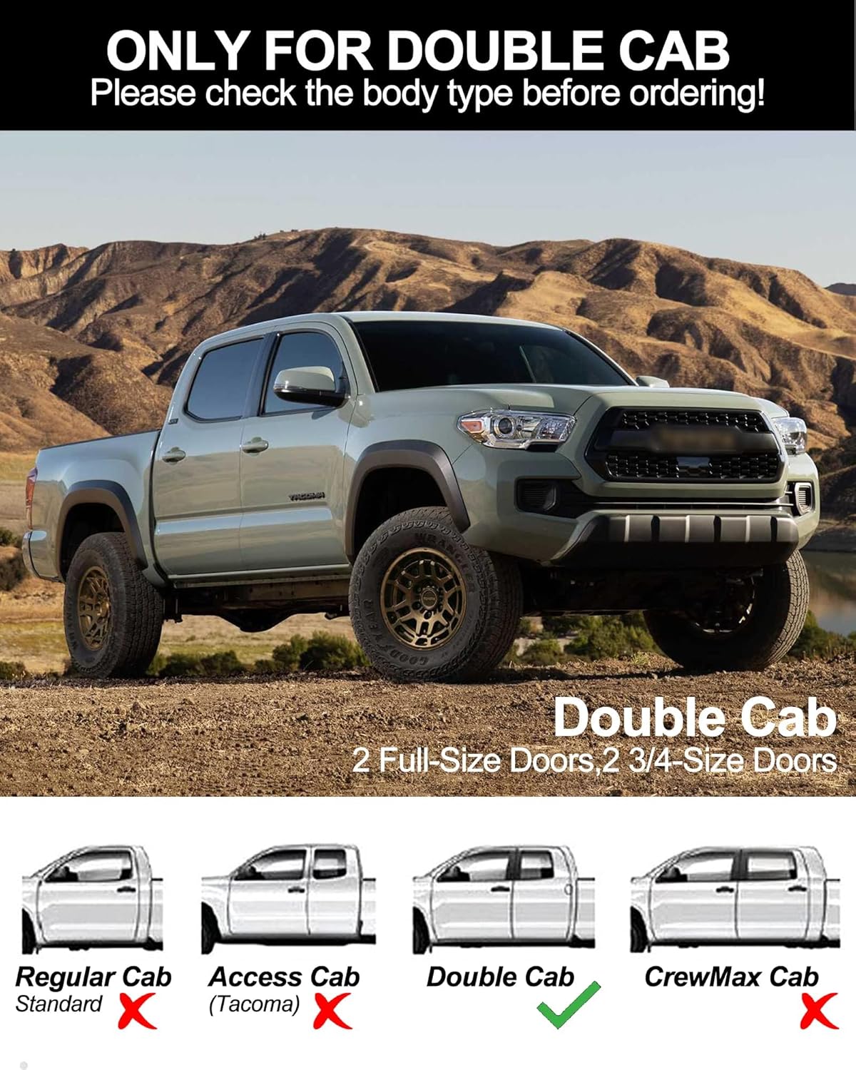 Running Boards 6.3 Inches Compatible with 2005-2023 Toyota Tacoma Double Cab(2 Full-Size Doors,2 3/4-Size Doors) Aluminum Side Steps Nerf Bars