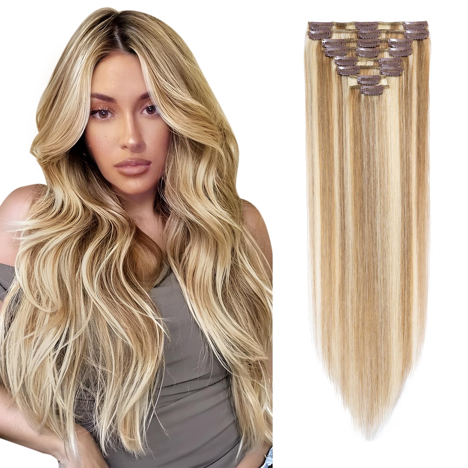 Elailite Extension a Clip Cheveux Naturel 8 Bandes Pour Cheveux Fin - Rajout Vrai Cheveux Humain Lisse - #12+613 MARRON CLAIR MECHE BLOND CLAIR - 25 cm (50 g)