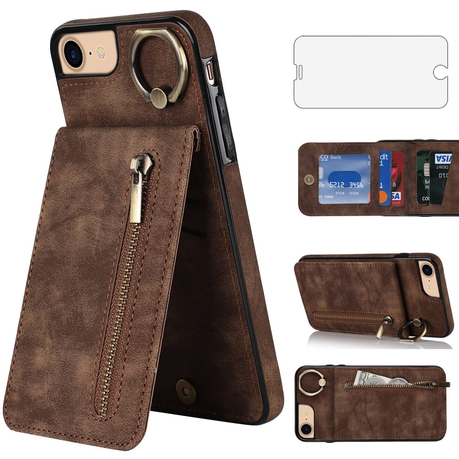 Asuwish Phone Case for iPhone 7/8/SE 2020/2022 Wallet Cover with Screen Protector and RFID Card Holder Ring Cell iPhone7 iPhone8 7s 8s i SE2020 SE2022