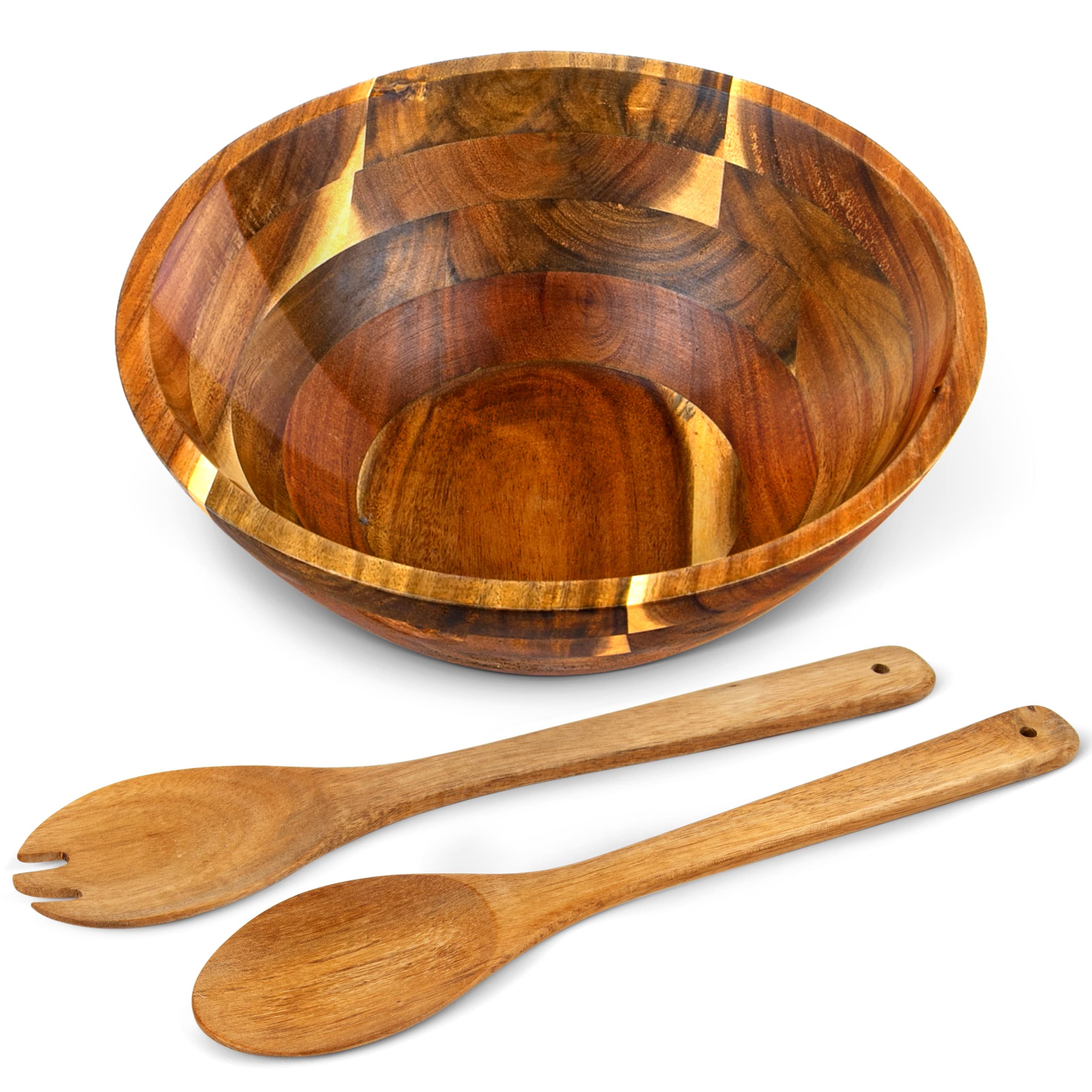 Acacia Wooden Salad Bowl Set - Wood Salad Bowl Set with Salad Bowl Tongs - Durable Wood Salad Bowl Large, Salad Bowl with Serving Utensils Perfect for Mixing Fruits and Cereal