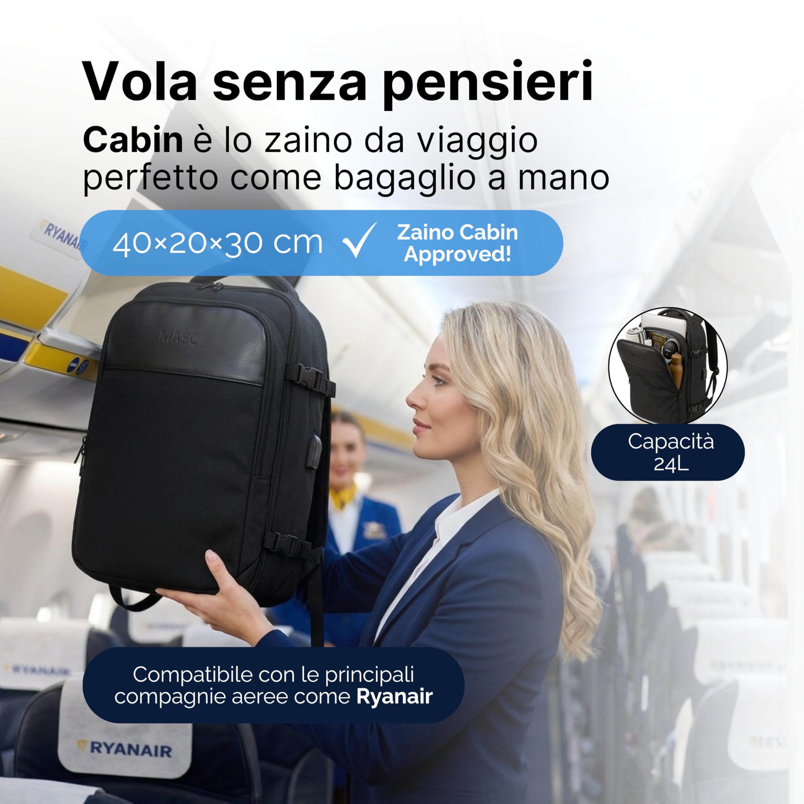 Zaino Ryanair 40x30x20 da Cabina Bagaglio a Mano 24L Porta PC Portatile Impermeabile con Lucchetto e Caricatore USB