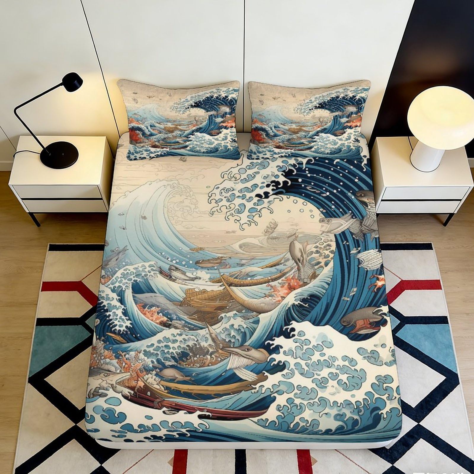 3D Printed Ocean Wave Fitted Sheet Microfiber Soft Breathable Nautical Marine Bed Cover for Bedroom Dormitory Guest Room Mattress Protection Decor 200x200x25cm