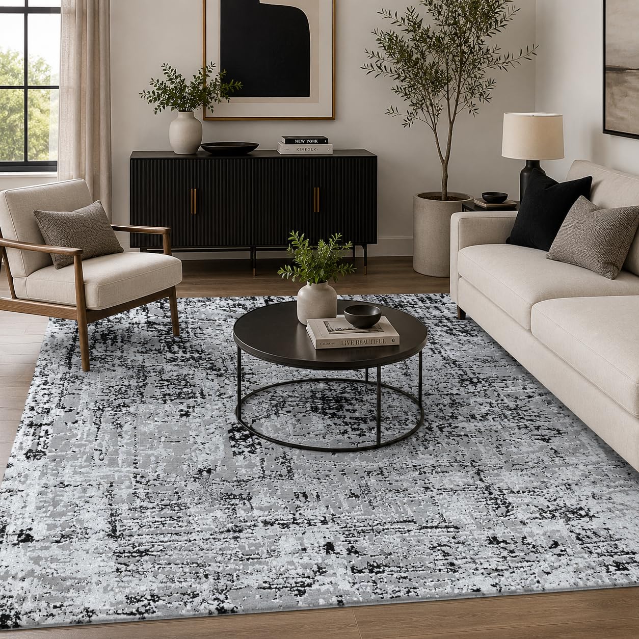 Serdim Rugs Modern Abstract Lines Area Rug Black 80x150 - 100% Heat-Set Polyester - Non-Shedding - Easy Clean