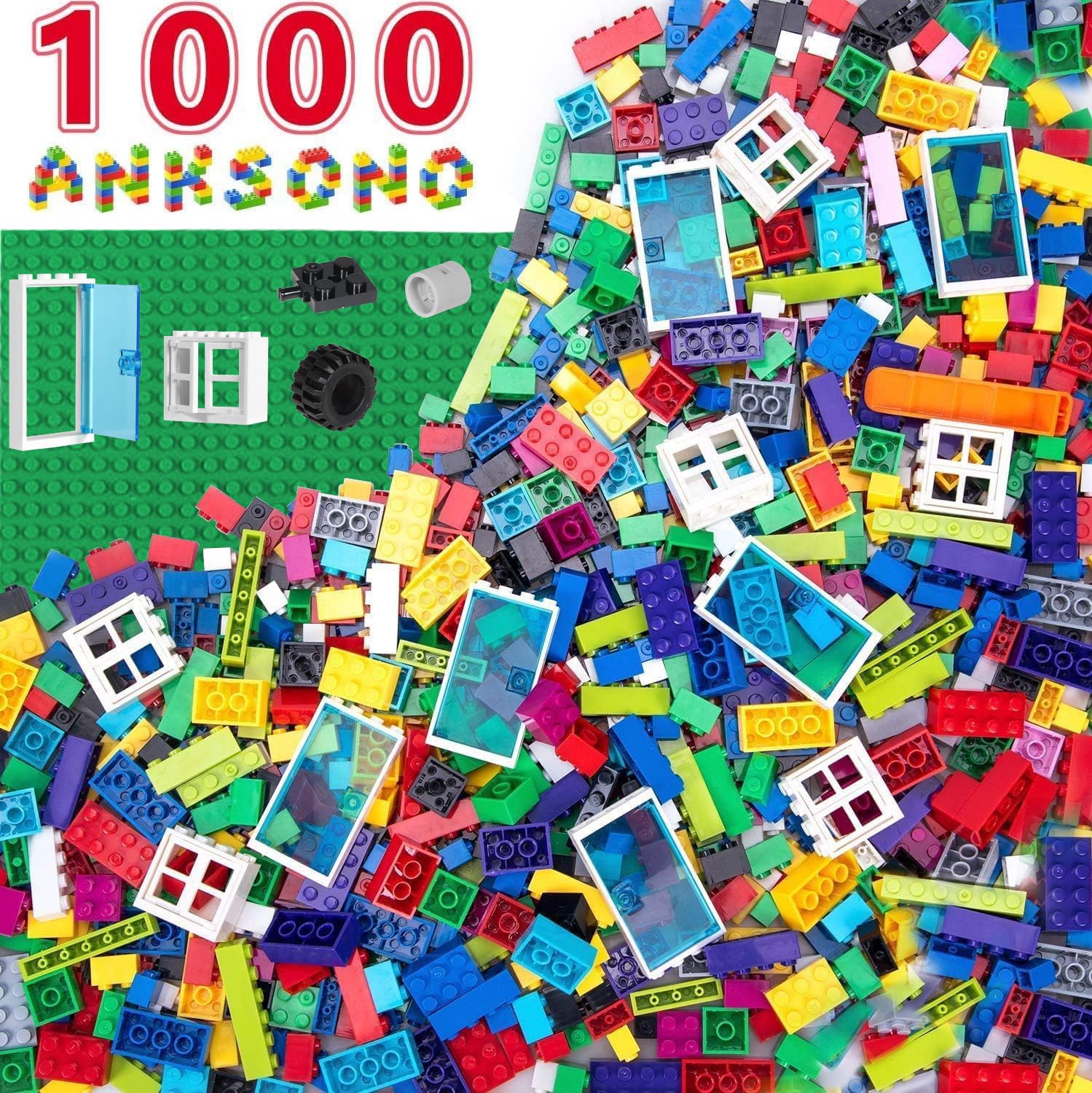Building Bricks 1000 Pieces Bulk Toys Kids Building Blocks 11 Colors Compatible with All Major Brands-Add 39 Accessories with Wheels Tires Axles Windows & Doors-For Above 3 Year Old Boys Girls