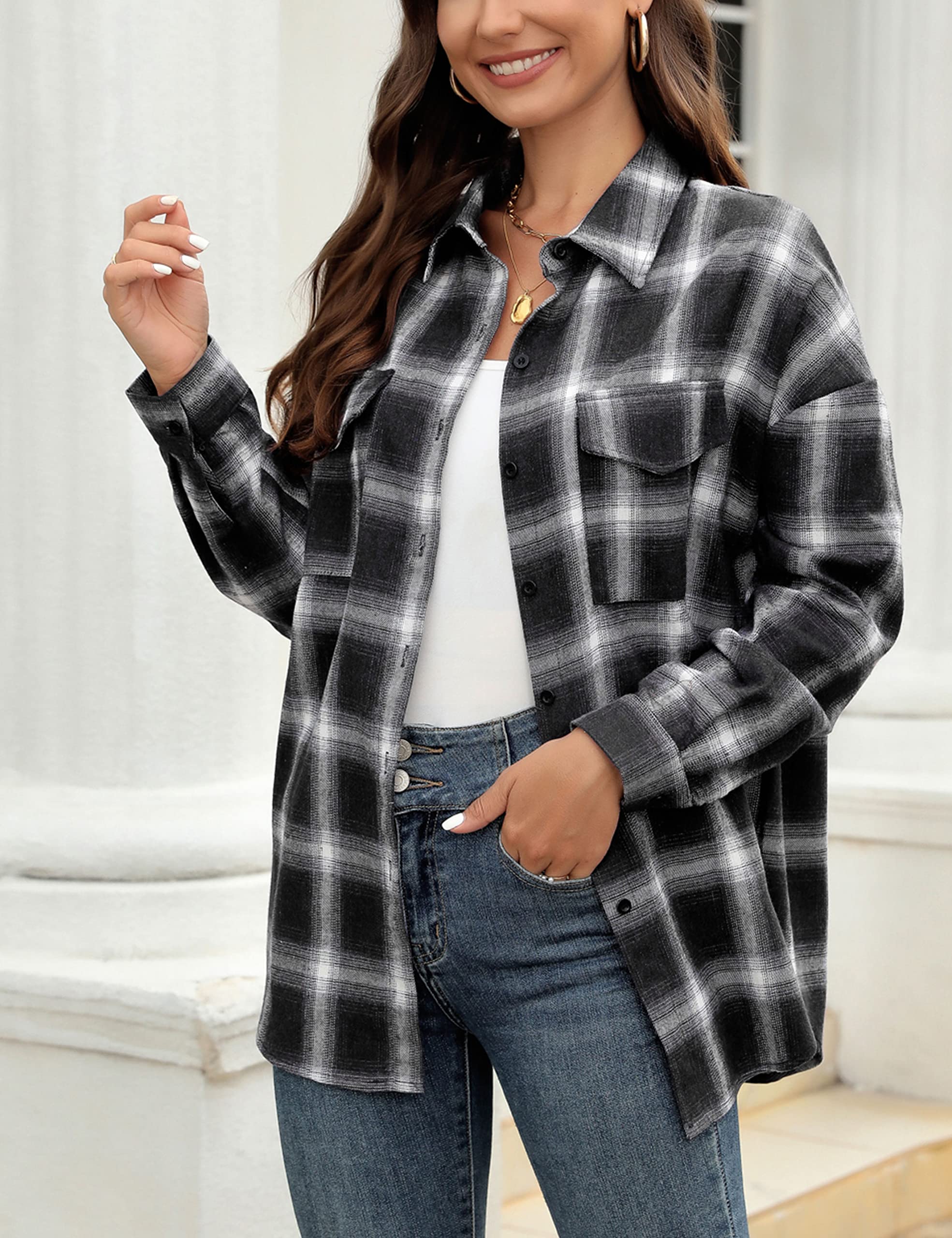Zontroldy Camisa de franela a cuadros para mujer, de gran tamaño, ligera, con botones