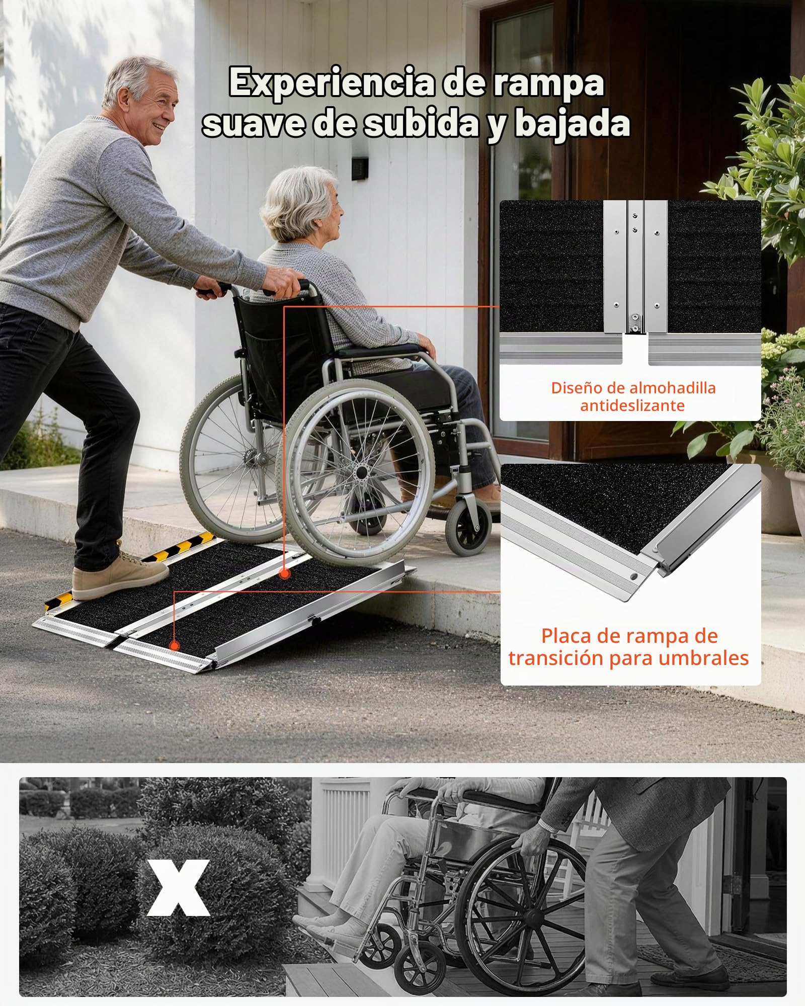 VEVOR Rampa para Silla de Ruedas Plegable de Aluminio 610 x 745 mm, Rampa de Umbral Antideslizante con Capacidad de Carga 362,9 kg para Entradas, Escaleras, Puertas, Scooters, Andadores y Uso Diario