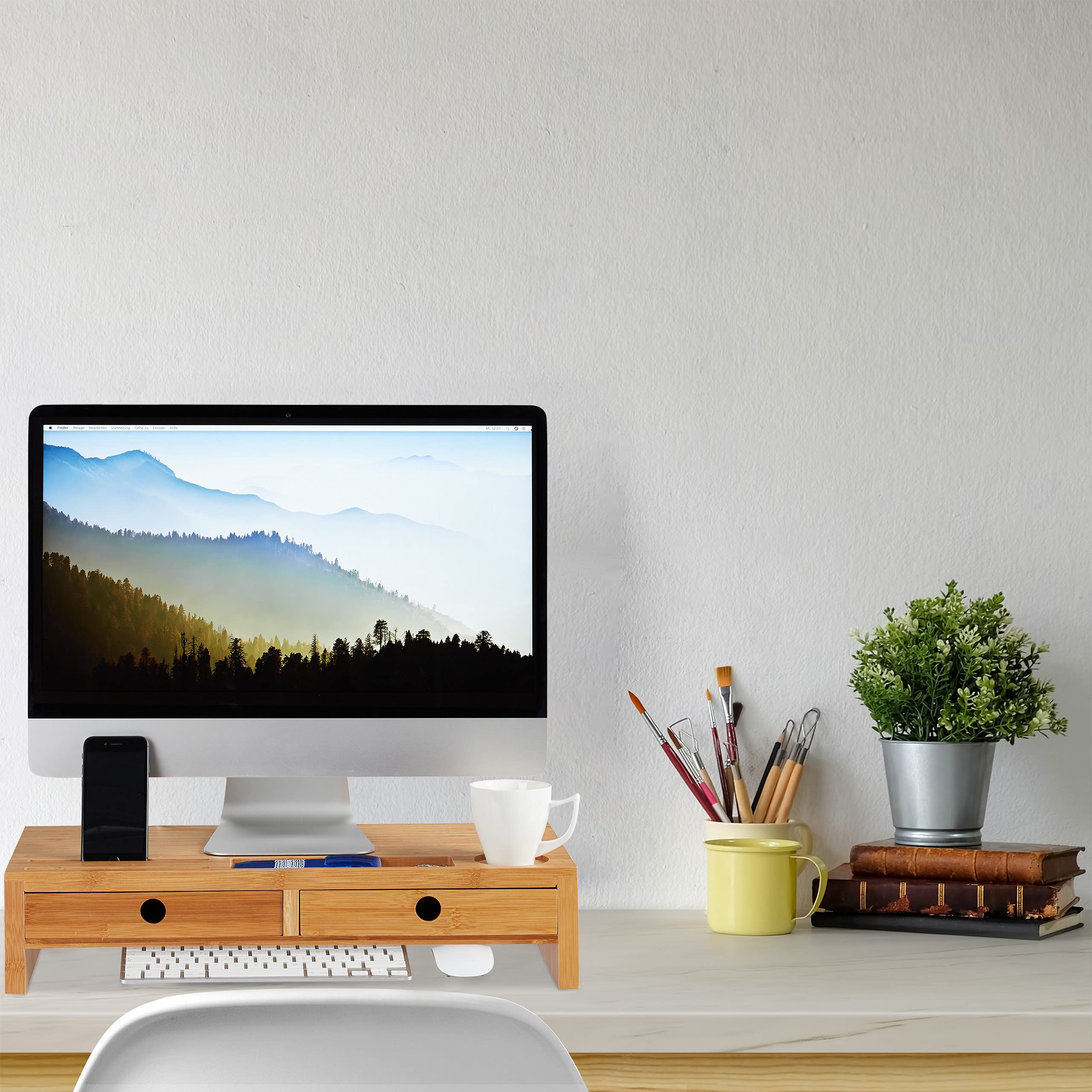 Relaxdays Support pour Moniteur, en Bambou, Rehausseur d’écran avec 2 tiroirs rangements, Bureau, HLP 12x56x27cm, Nature
