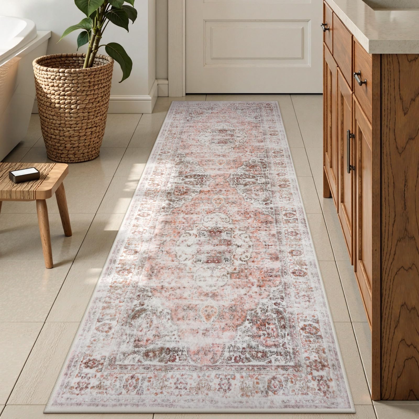 Uphome Bathroom Runner Rug, Distressed Tribal Farmhouse Blush Pink Bathroom Mat, Large Bathroom Rugs Non Slip Washable, Oriental Retro Boho Bath Mat