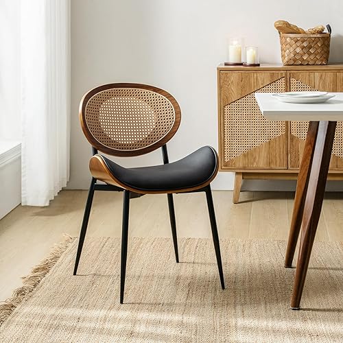 Miniatura 6 de HULALA HOME Juego de 2 sillas de comedor con respaldo de ratán, modernas sillas laterales de cuero con patas de metal, cómodas para sala de