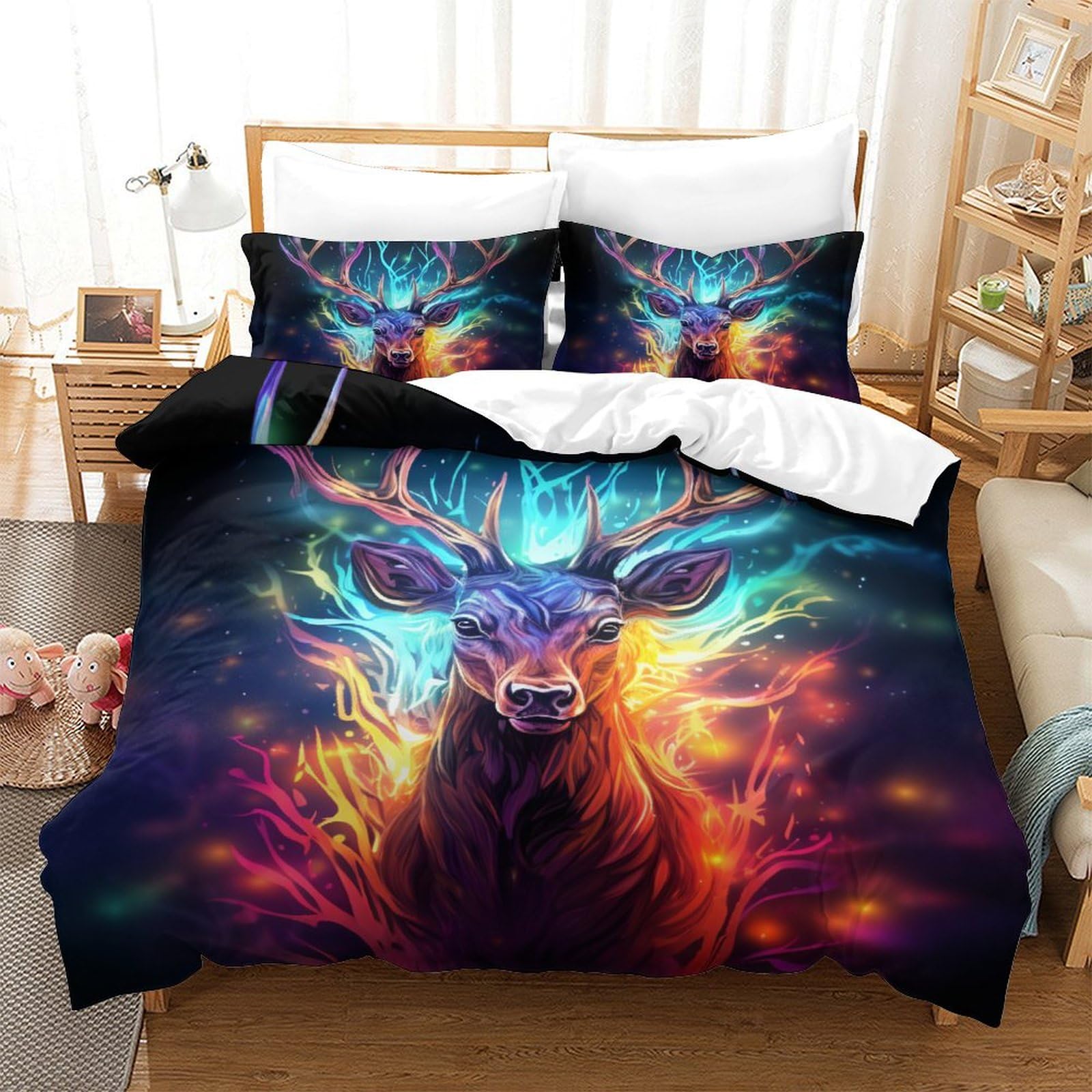 Housse de couette cerf avec fermeture éclair parure de lit 3 pièces microfibre douce