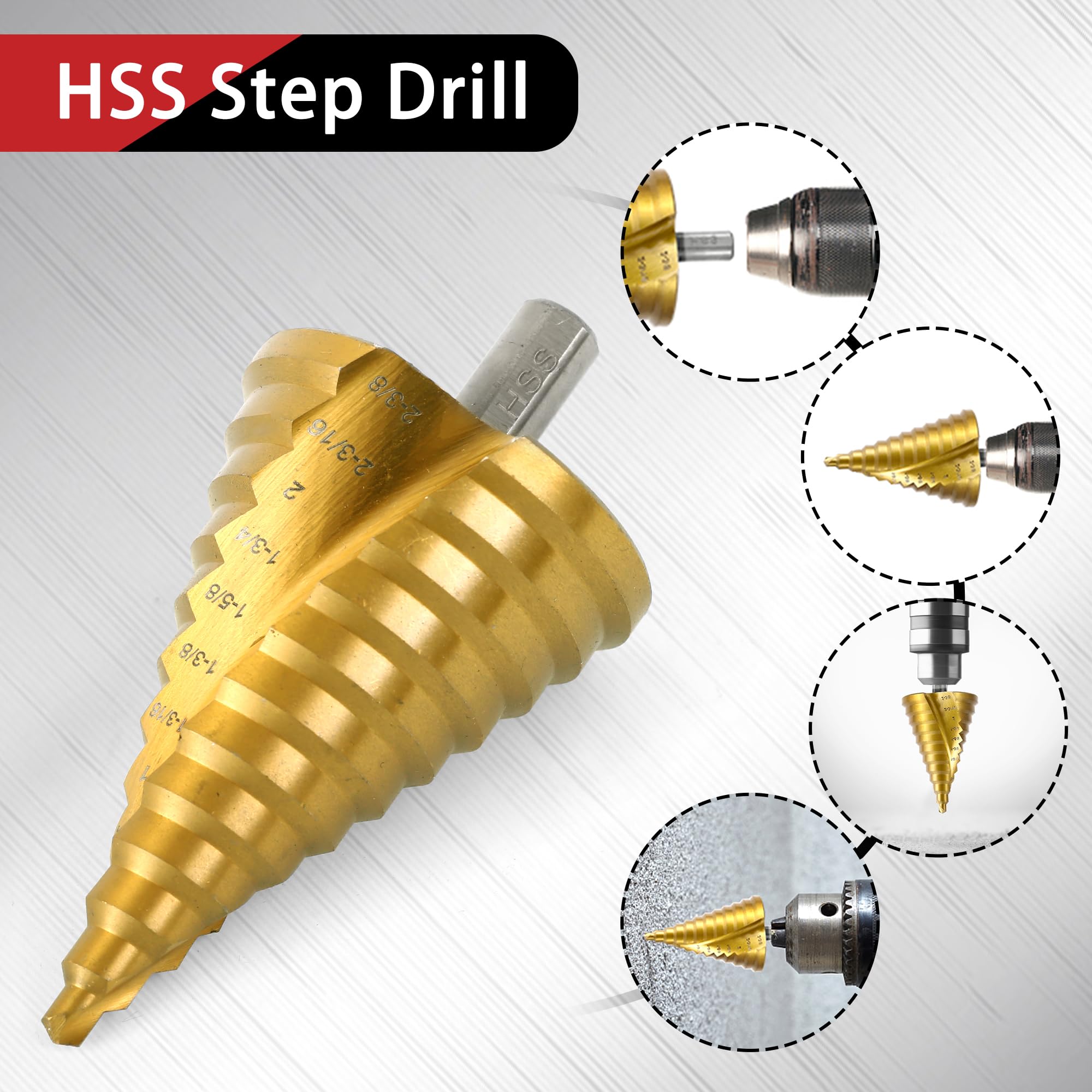 Punta per trapano a gradino HSS con scanalatura a spirale, 12 gradini in acciaio ad alta velocità da 1/4" a 2-3/8", per acciaio inossidabile, alluminio, plastica e legno, grande foro