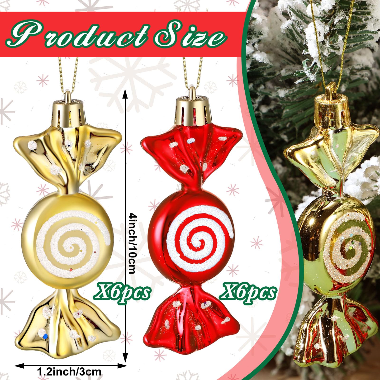 Threan 12 Pcs Christmas Candy Ornaments for Tree Decoration Hanging Glitter Candy Cane Christmas Peppermint Ornament with Golden Rope for Xmas Holiday Decoration(Red - Image 3