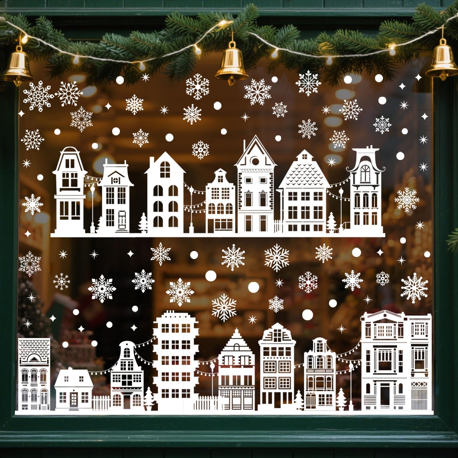 AhfuLife 173Pcs Christmas Window Clings, 9 Sheets White House Snowflake Window Decals for Christmas Decorations, Reusable Double Sided Xmas Stickers for Home Party Decorations