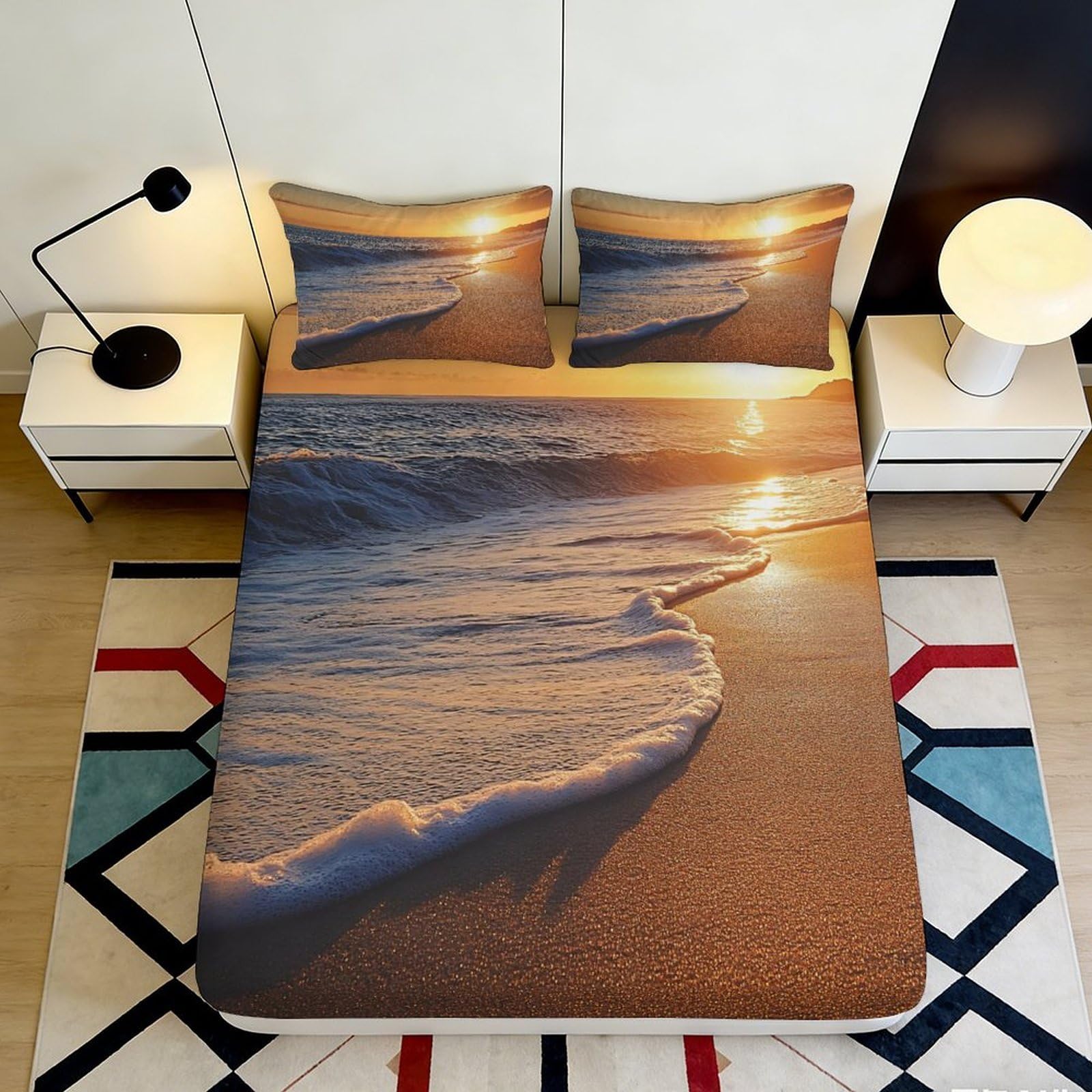3D Printed Sunset Beach Wave Fitted Sheet Microfiber Soft Mattress Cover for Bedroom Guest Room Decor 90x200x25cm