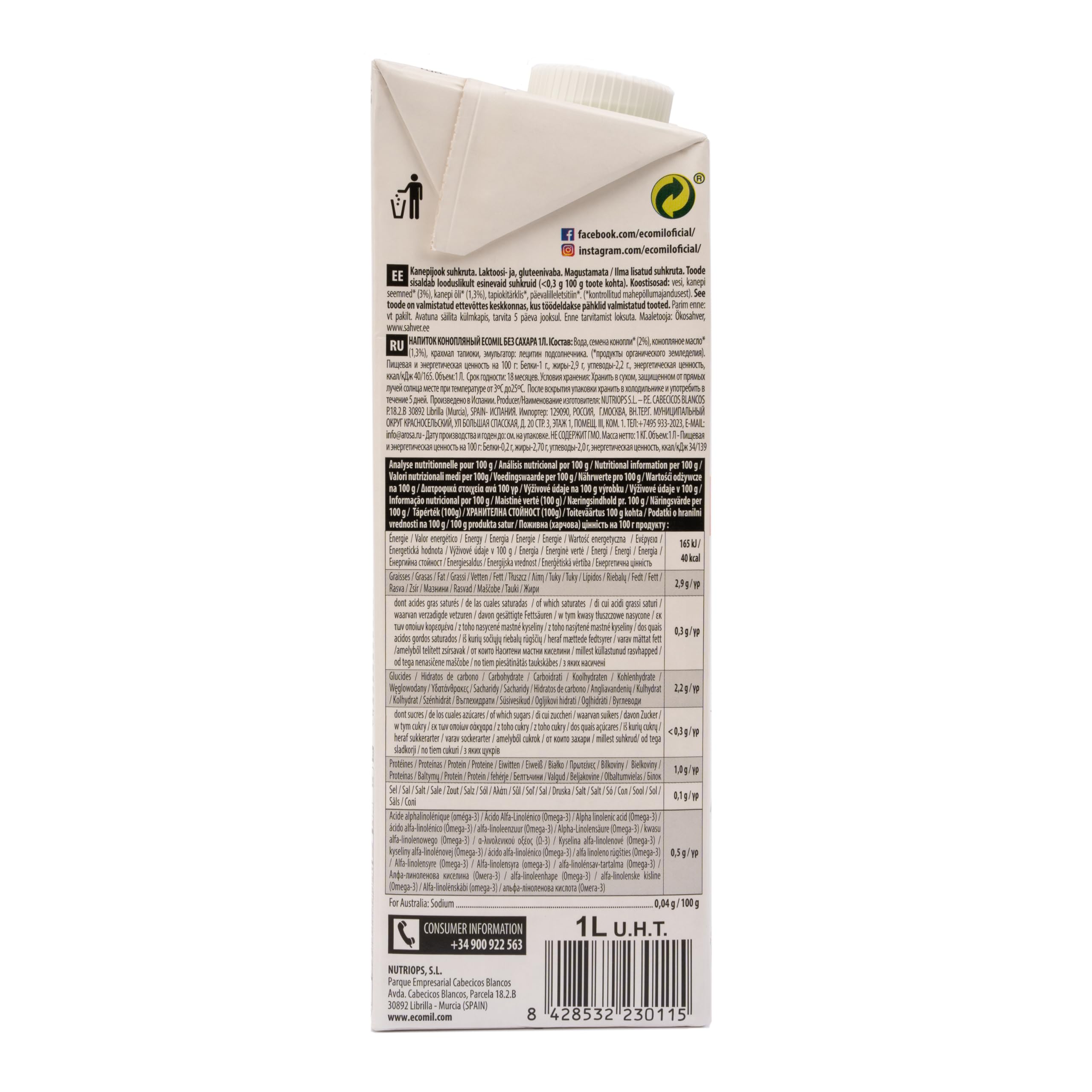Ecomil - Bebida Vegetal de Cáñamo Eco, Pack 6 x 1 Litro, Hemp Nature Bio, Fuente de Omega 3, Sin Azúcares Añadidos, Sin Gluten, Apta para Veganos, Alternativa Saludable a la leche