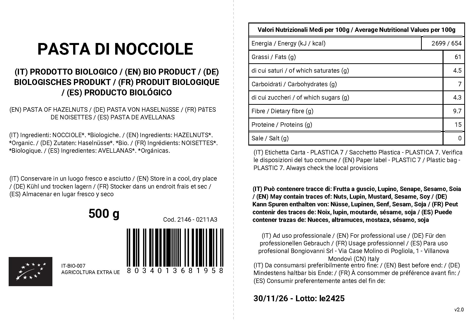 Bongiovanni Bontà Naturali Pâte de Noisettes 500 g BIO