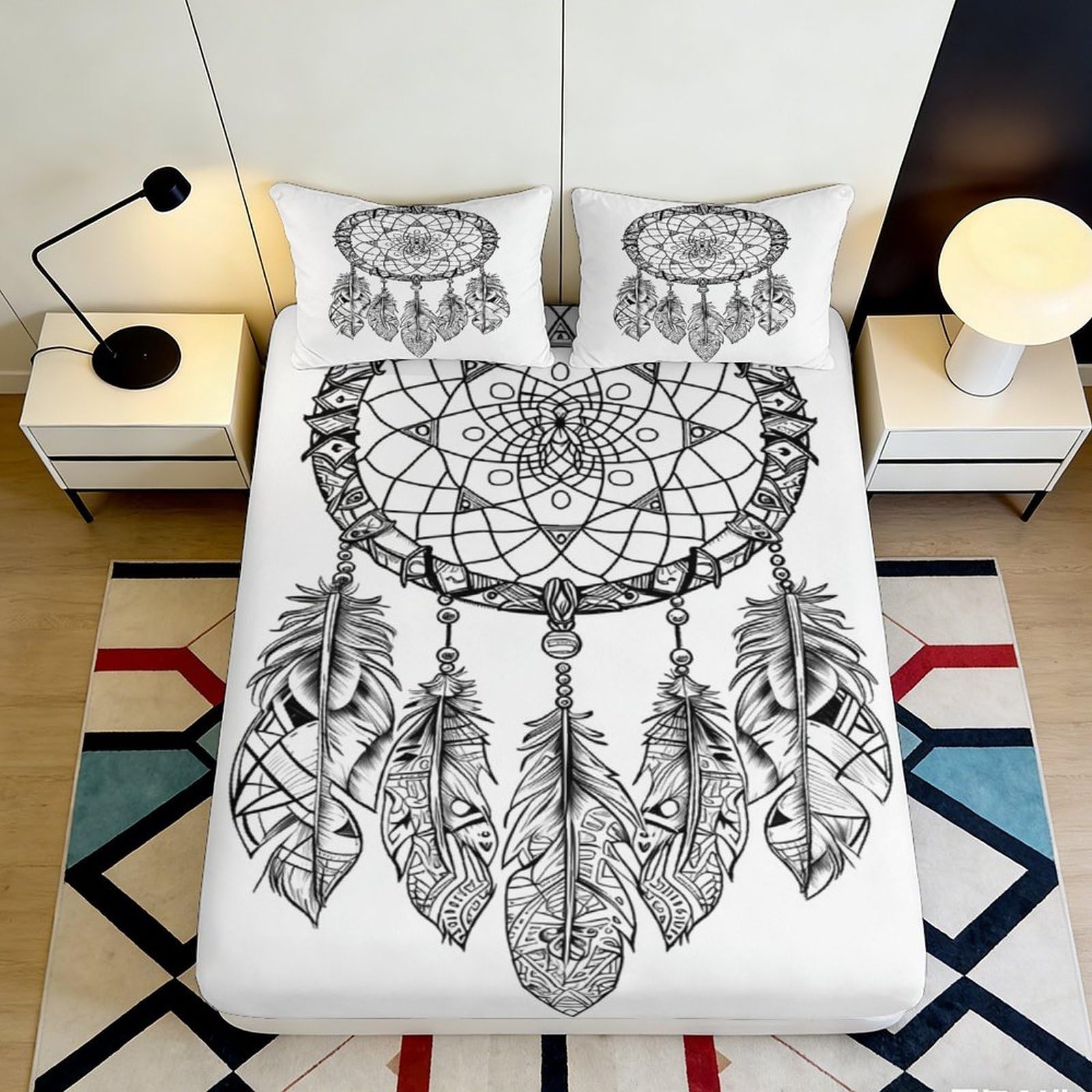 3D Printed Dreamcatcher Fitted Sheet Microfiber Soft Breathable Feather Bed Cover for Bedroom Dormitory Guest Room Mattress Protection Decoration 180x200x25cm