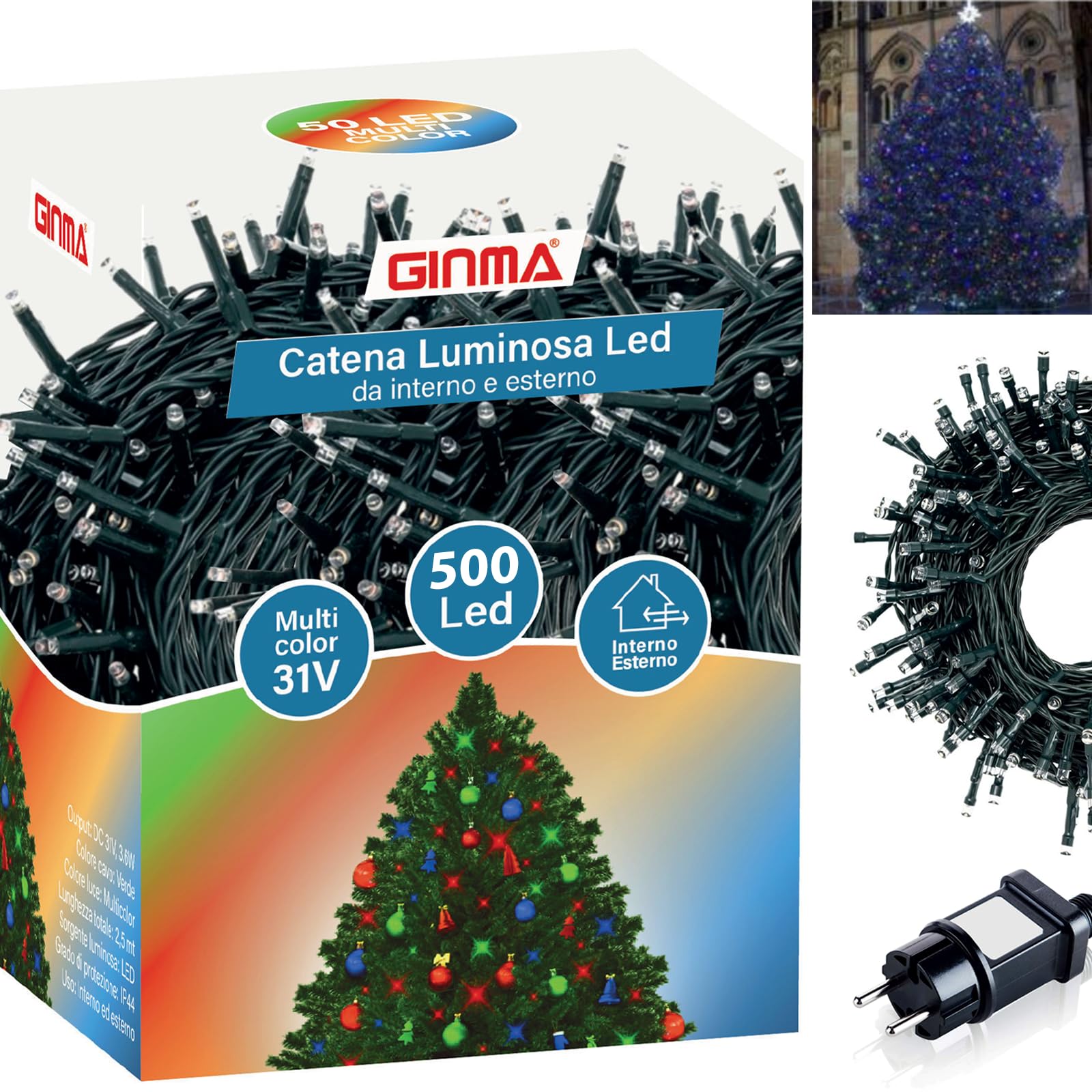 GINMA Luces de Navidad LED Interior y Exterior – Guirnalda Luminosa con 8 Modos de Luz, Bajo Consumo, Impermeable Decoración Navideña (Multicolor, 25m (500 LED))