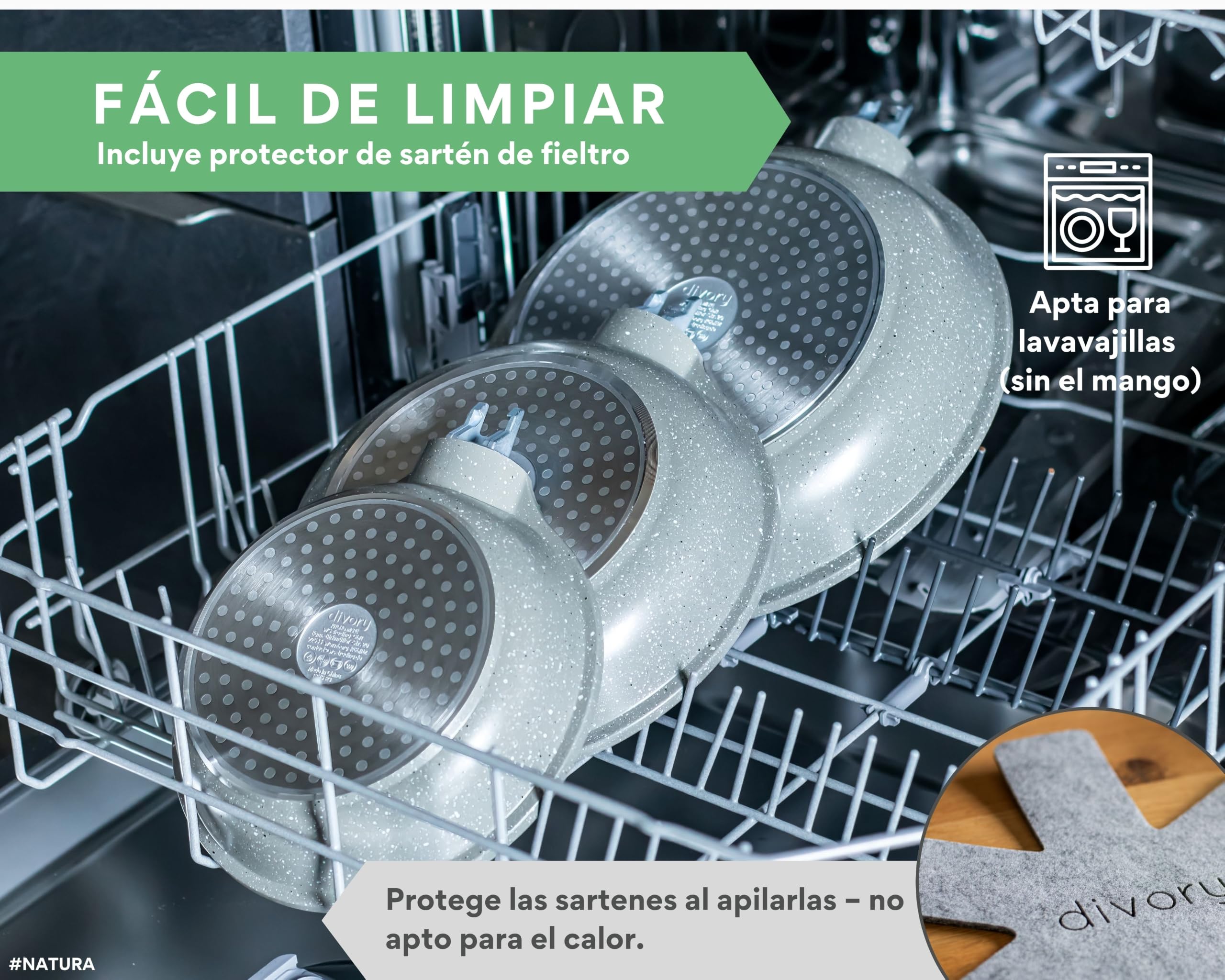DIVORY Juego de sartenes de cerámica de 20, 24 y 28 cm: sartenes con mango desmontable, revestimiento cerámico, aptas para inducción, sin PFAS ni PTFE (Natura, juego de 3 unidades (20/24/28 cm))