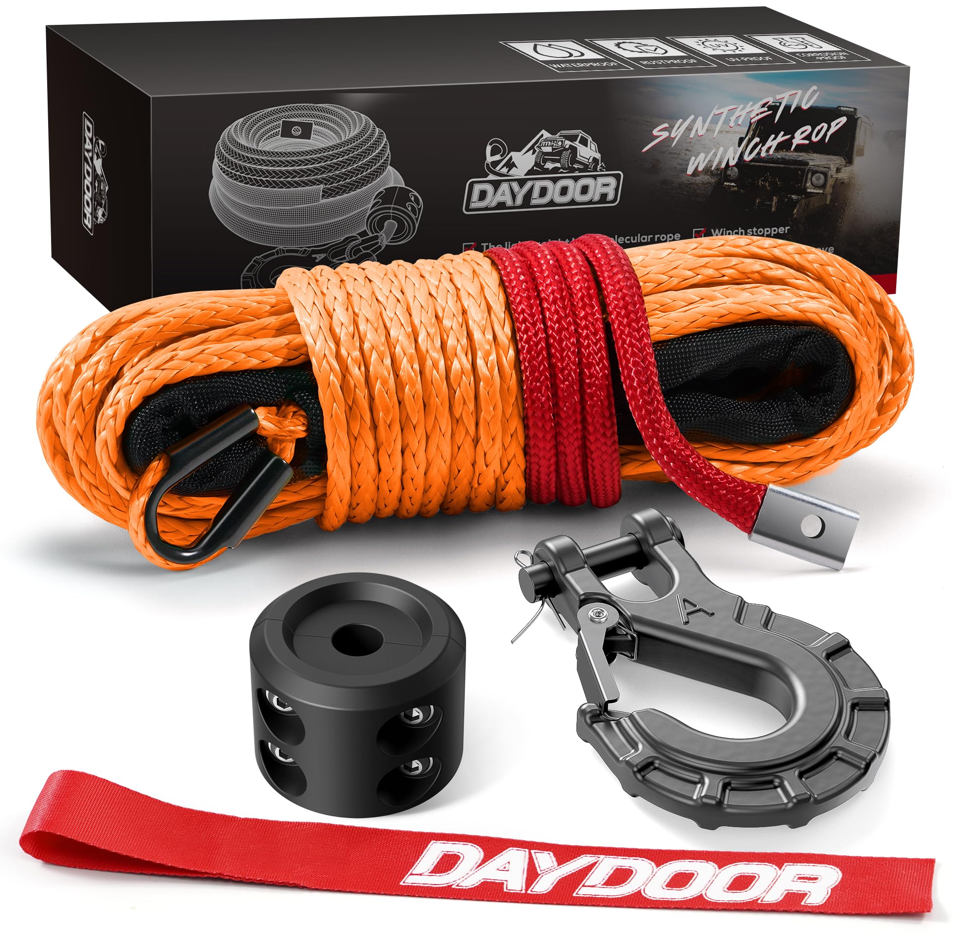DAYDOOR Synthetic Winch Rope, 1/4 Inch x 50ft 10,000LBS Synthetic Winch Line, Winch Cable for Offroad Vehicle 4WD ATV UTV, Synthetic Rope with Forged Winch Hook and Rubber Stopper (Orange)