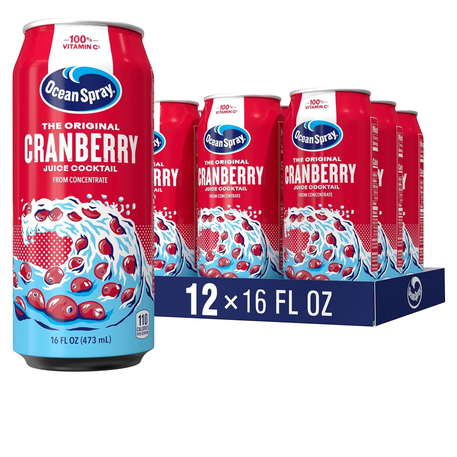Ocean Spray Cranberry Juice Cocktail 16oz Cans, 12 Pack - Refreshing Vitamin C Boost, No HFCS