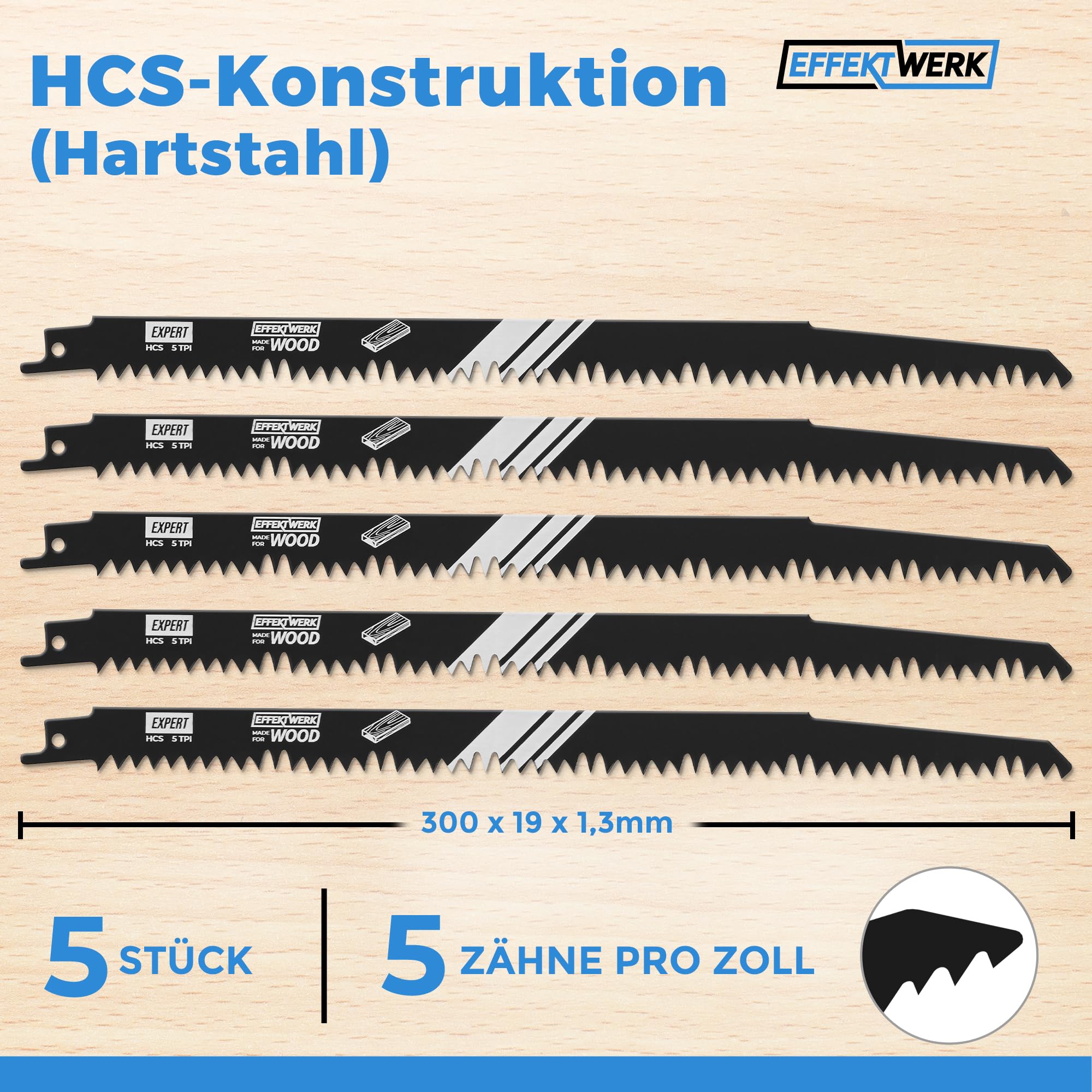 EffektWerk - Reciprocating Saw Blades for Wood - 5 Pieces - 12" / 300mm HCS Steel Sabre Sawblades for Wood & Plastic Cutting - 6 TPI - Image 4