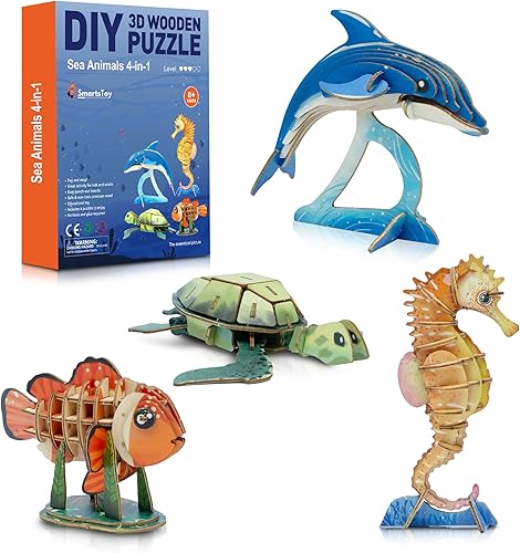 Paquete de rompecabezas de madera 3D de bricolaje, coloridos modelos de animales marinos, kits de construcción para niños y adultos, rompecabezas