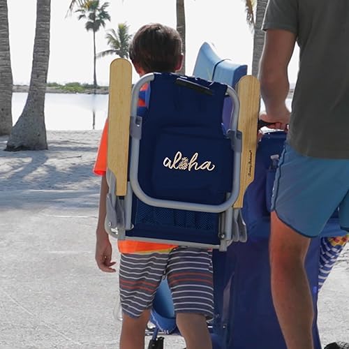 Miniatura 3 de Tommy Bahama Silla de playa plegable con mochila plana de 5 posiciones para niños, color azul marino sólido ondulado Marlin