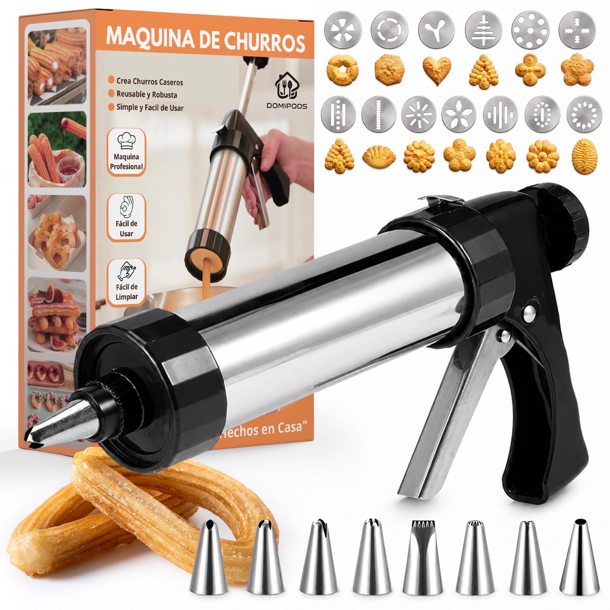 Máquina de Churros Manual y Galletera de Acero Inoxidable 304, Kit Churrera con Manga Pastelera y Accesorios para Hacer Churros, Porras y Galletas Caseras