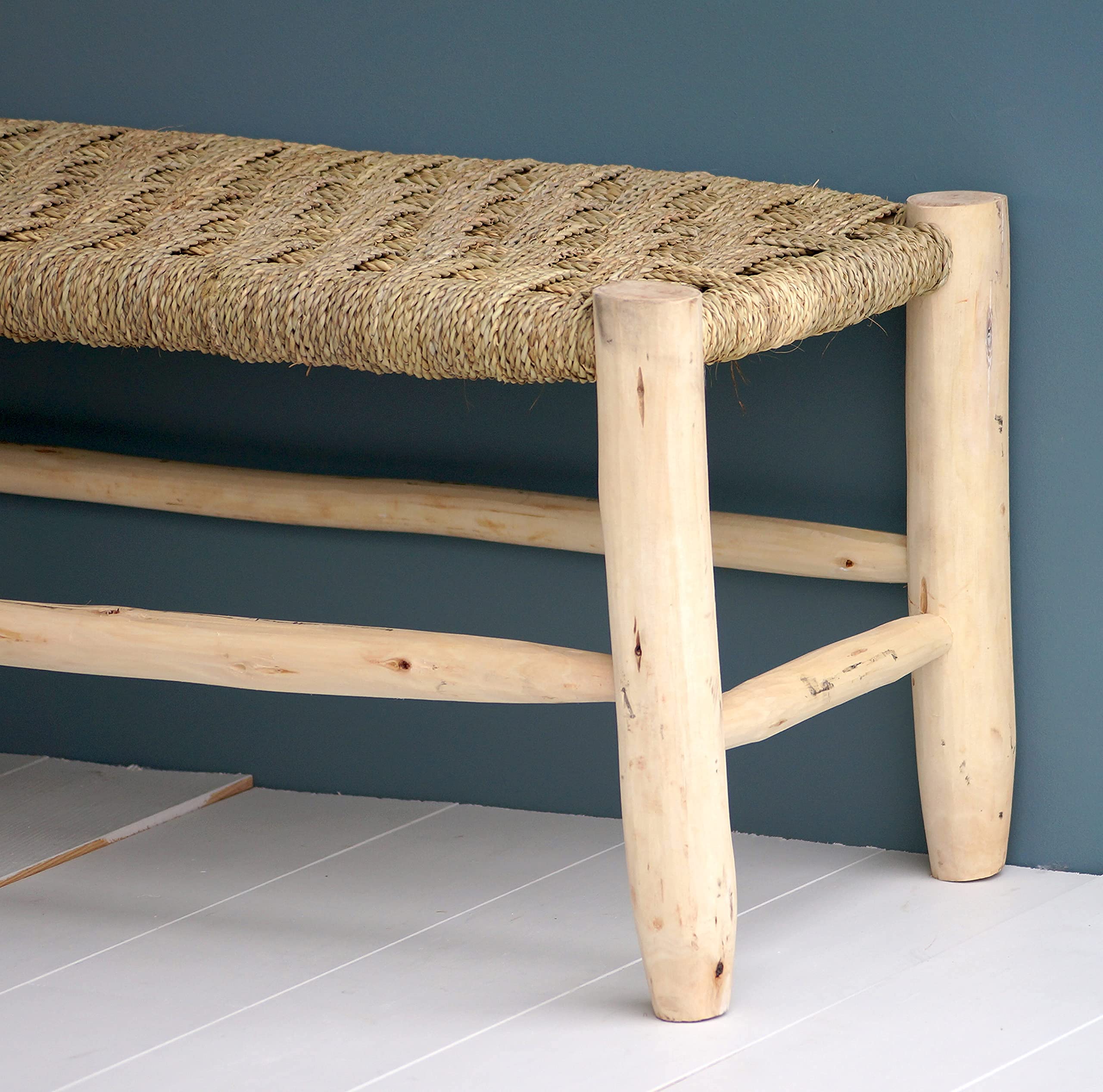 Banc Marocain en Bois Massif et Tressage naturel, Banquette d'Entrée, Fait main (Tressage croisé, 100cm)