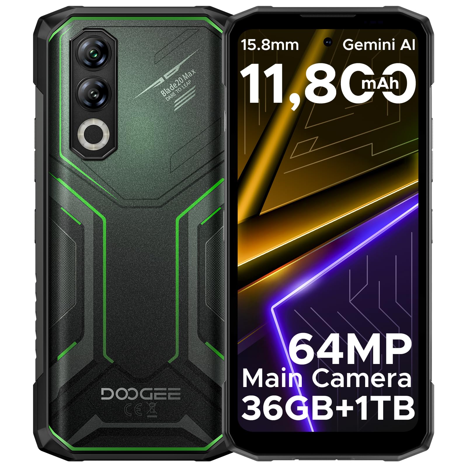 DOOGEE Blade 20 Max Rugged Smartphone, 36GB RAM+1TB ROM(2TB TF) Telefono Indistruttibile, 11800mAh/33W, MTK Helio G100 Octa Core, 6.6" 120Hz, 64MP+20MP+16MP, Android 15/NFC/4G Dual SIM/Face ID