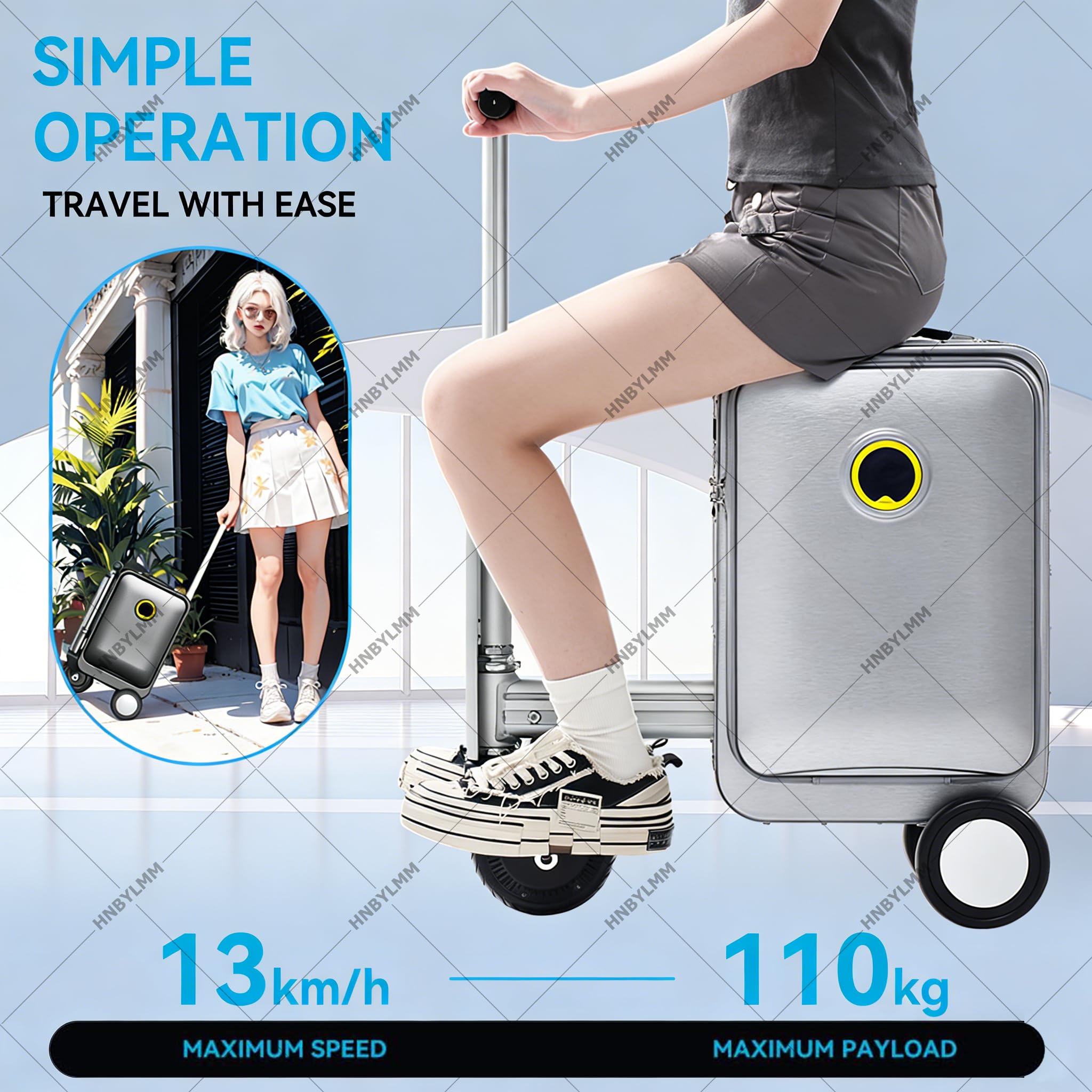 Equipaje eléctrico para montar, maleta de 20 litros con mango telescópico, ajuste de 3 velocidades, batería extraíble, puerto de carga externo, capacidad de carga de 110 kg, apto para viajes, Black, B