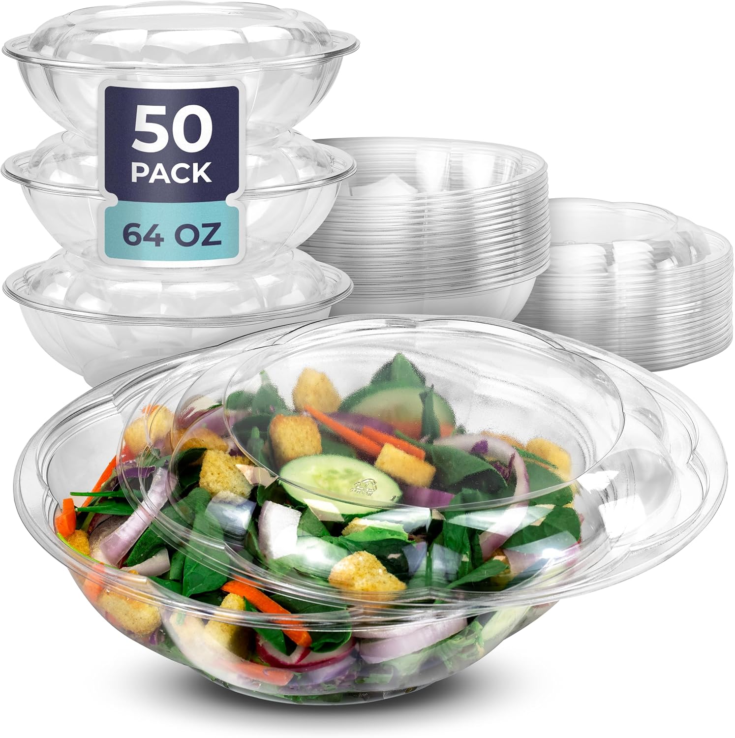 [50 Pack] 64 oz Clear Plastic Salad Bowls with Airtight