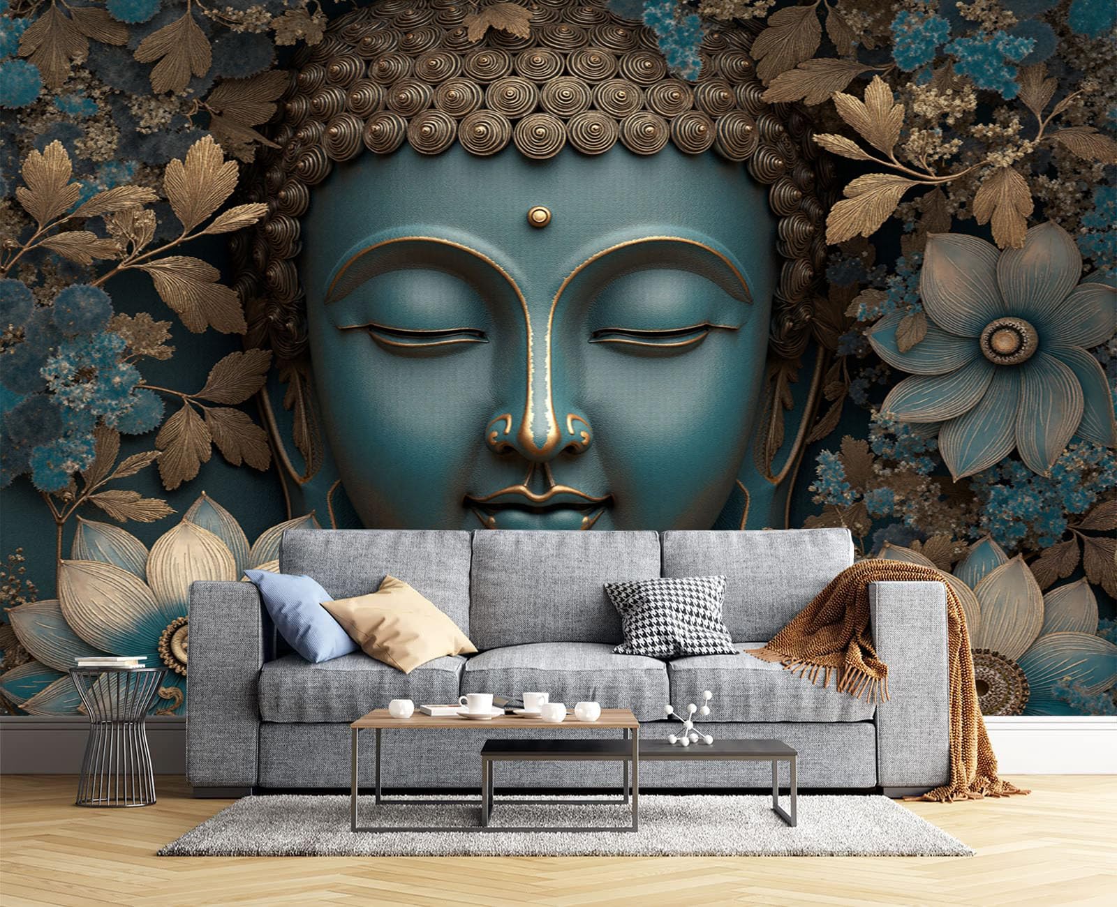 Pared Papel 3D Seda Papel Pintado Murales Plantas Y Flores Estatua De Buda Con Flores, Dormitorio Sala Tv Fondo Decoración De Pared Decorativos Fotomurales Murales Turquesa, 350 x 256 cm