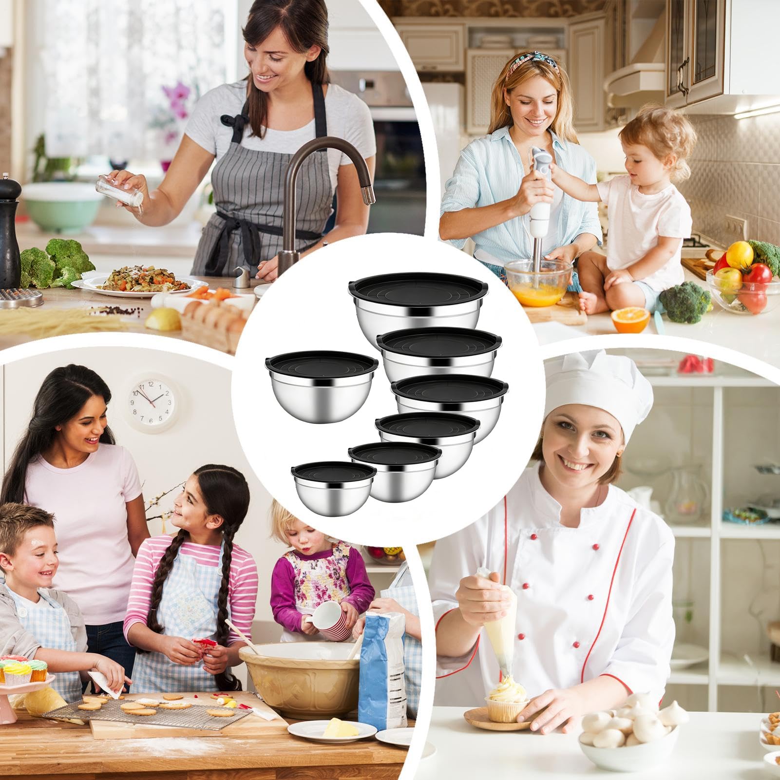 Boles de Mezcla de Acero 7 Piezas Hermeticas Acero Inoxidable Apilables | Boles para Preparación de Alimentos de Hogar y Para Salsa Cereales Snacks Huevos Condimentos Vegetales